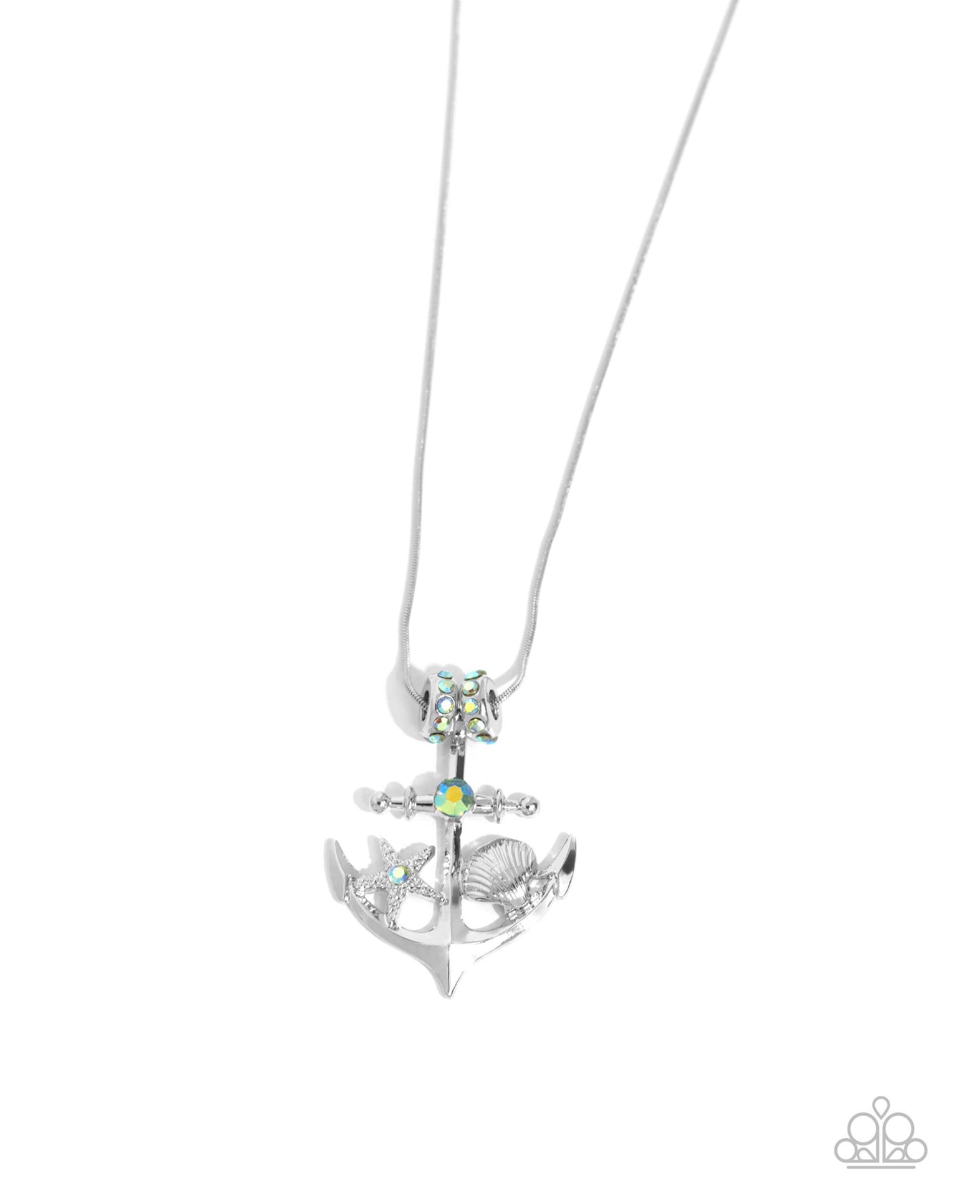 Anchored Accent - Green Paparazzi Necklace Accessories,Green,Iridescence,Necklace,Sea Breeze Style,Short Necklace,Silver Accents
