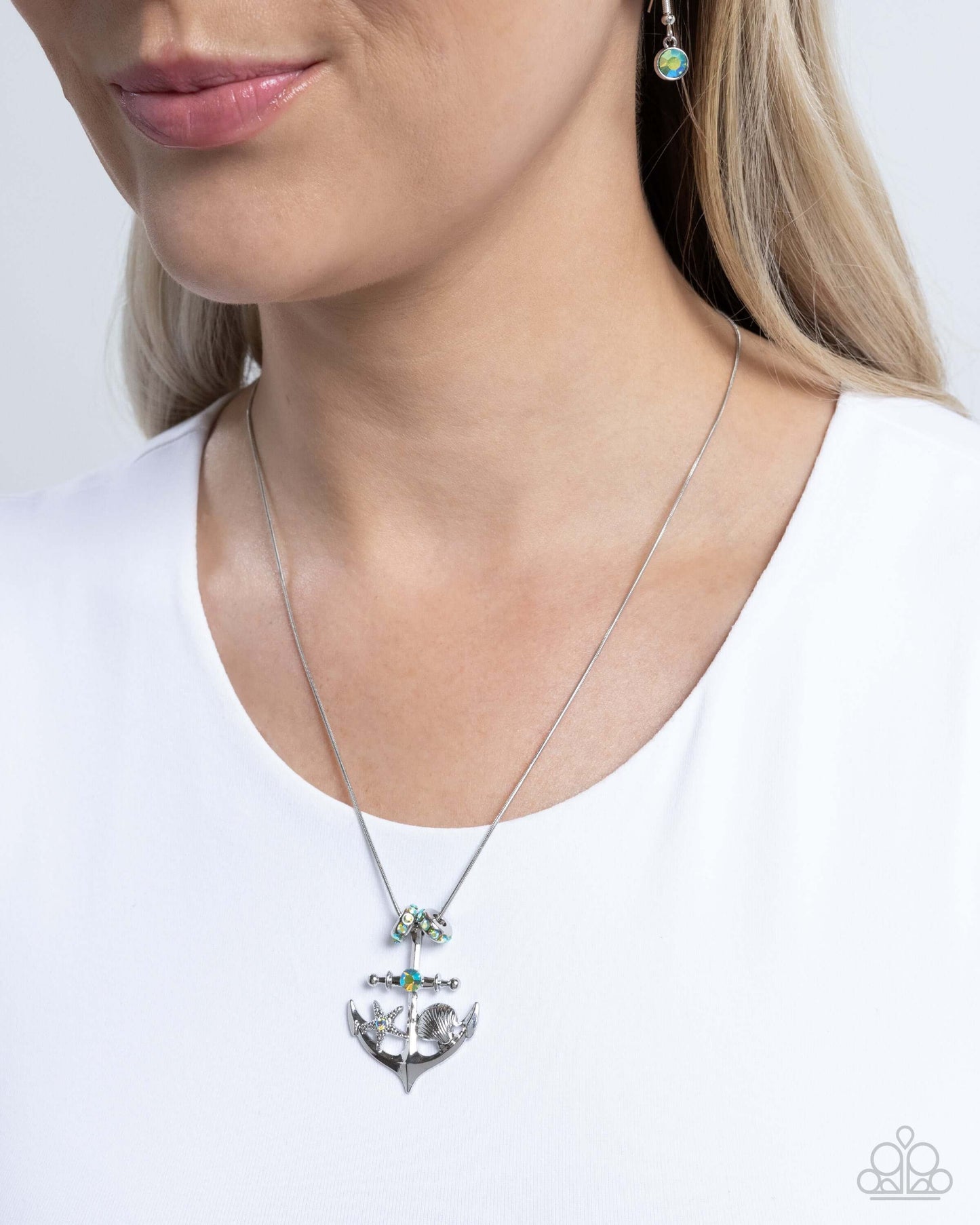Anchored Accent - Green Paparazzi Necklace Accessories,Green,Iridescence,Necklace,Sea Breeze Style,Short Necklace,Silver Accents