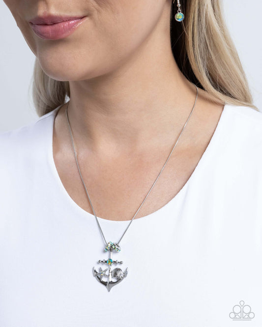 Anchored Accent - Green Paparazzi Necklace Accessories,Green,Iridescence,Necklace,Sea Breeze Style,Short Necklace,Silver Accents