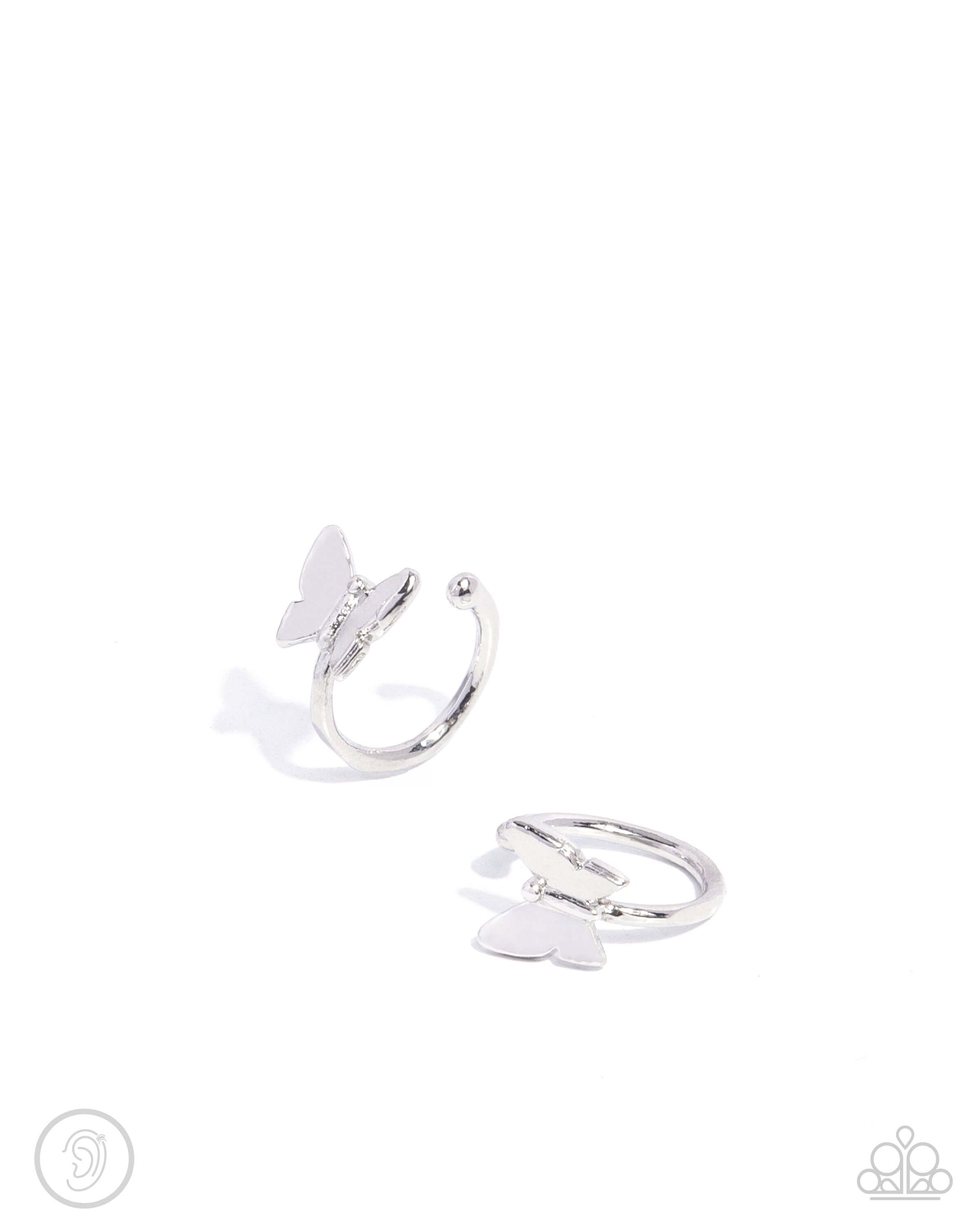 Aerial Attitude - Silver Paparazzi Butterfly Ear Cuffs $5 Jewelry with Janet Morgan Earrings