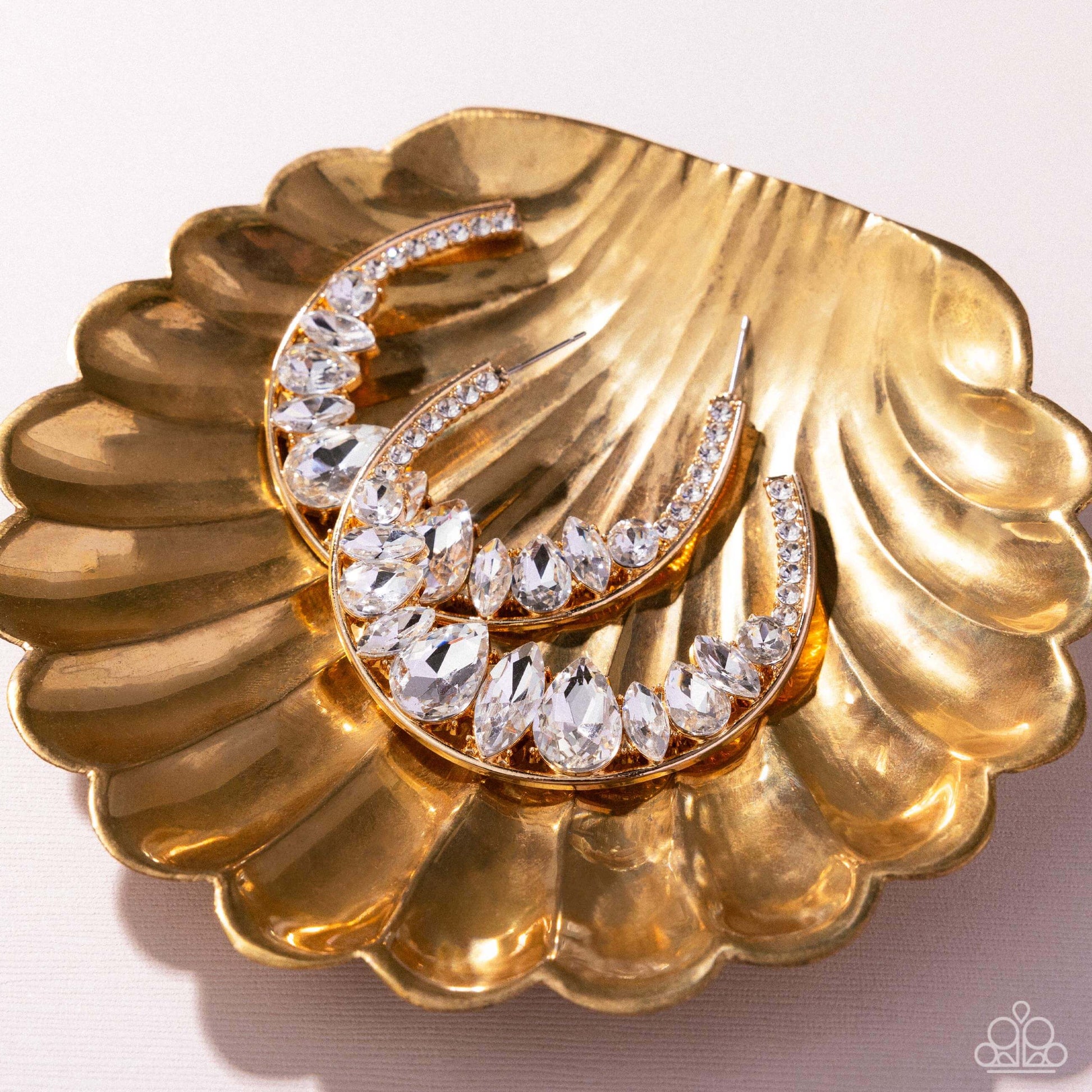 Refined Rewind - Gold Paparazzi Earrings Accessories,earrings,Gold,Hoops,White rhinestones