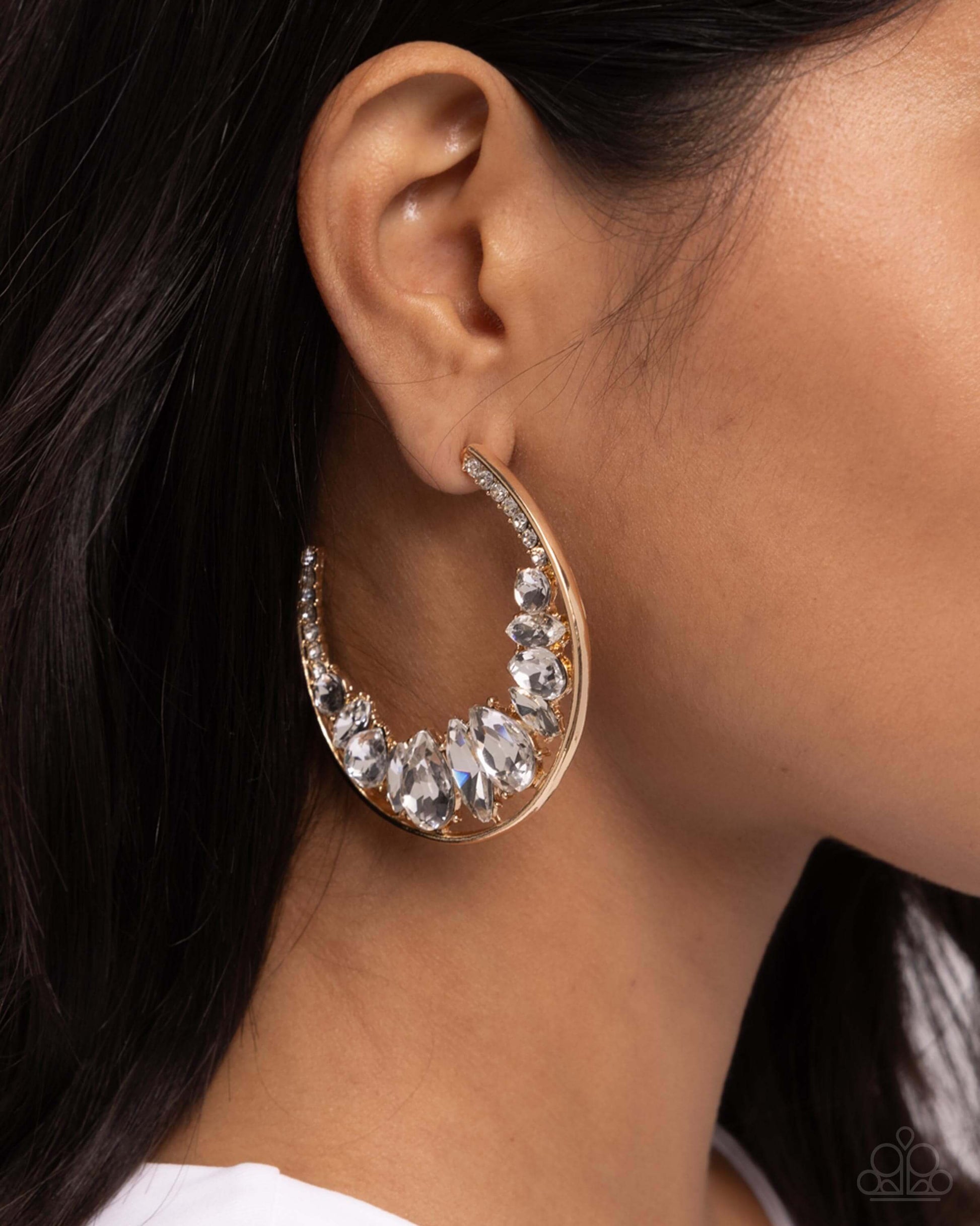 Refined Rewind - Gold Paparazzi Earrings Accessories,earrings,Gold,Hoops,White rhinestones