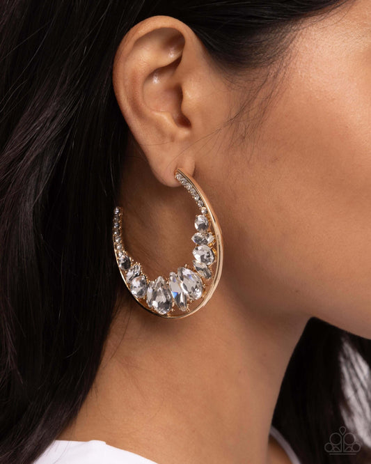 Refined Rewind - Gold Paparazzi Earrings Accessories,earrings,Gold,Hoops,White rhinestones