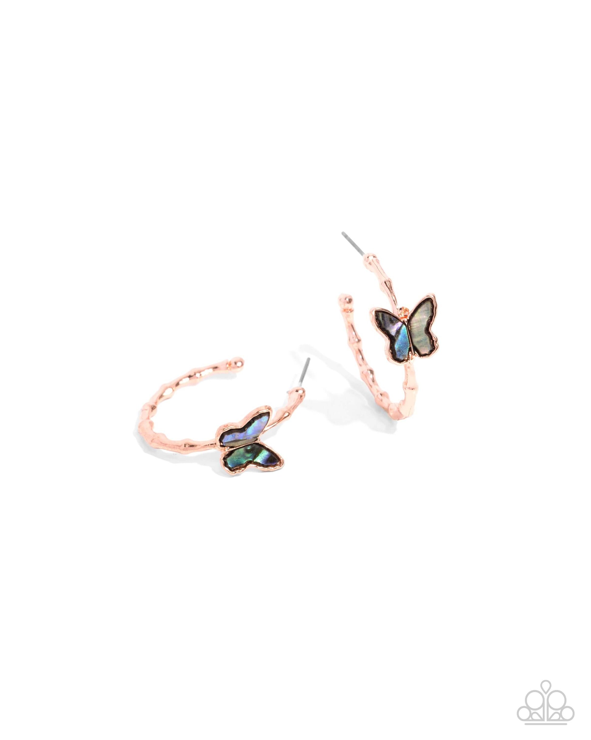 Butterfly Beginning - Copper Paparazzi Abalone Hoop Earrings Abalone,Accessories,Butterfly,Copper,earrings,Hoops,Shell-Like,Tiny Hoops
