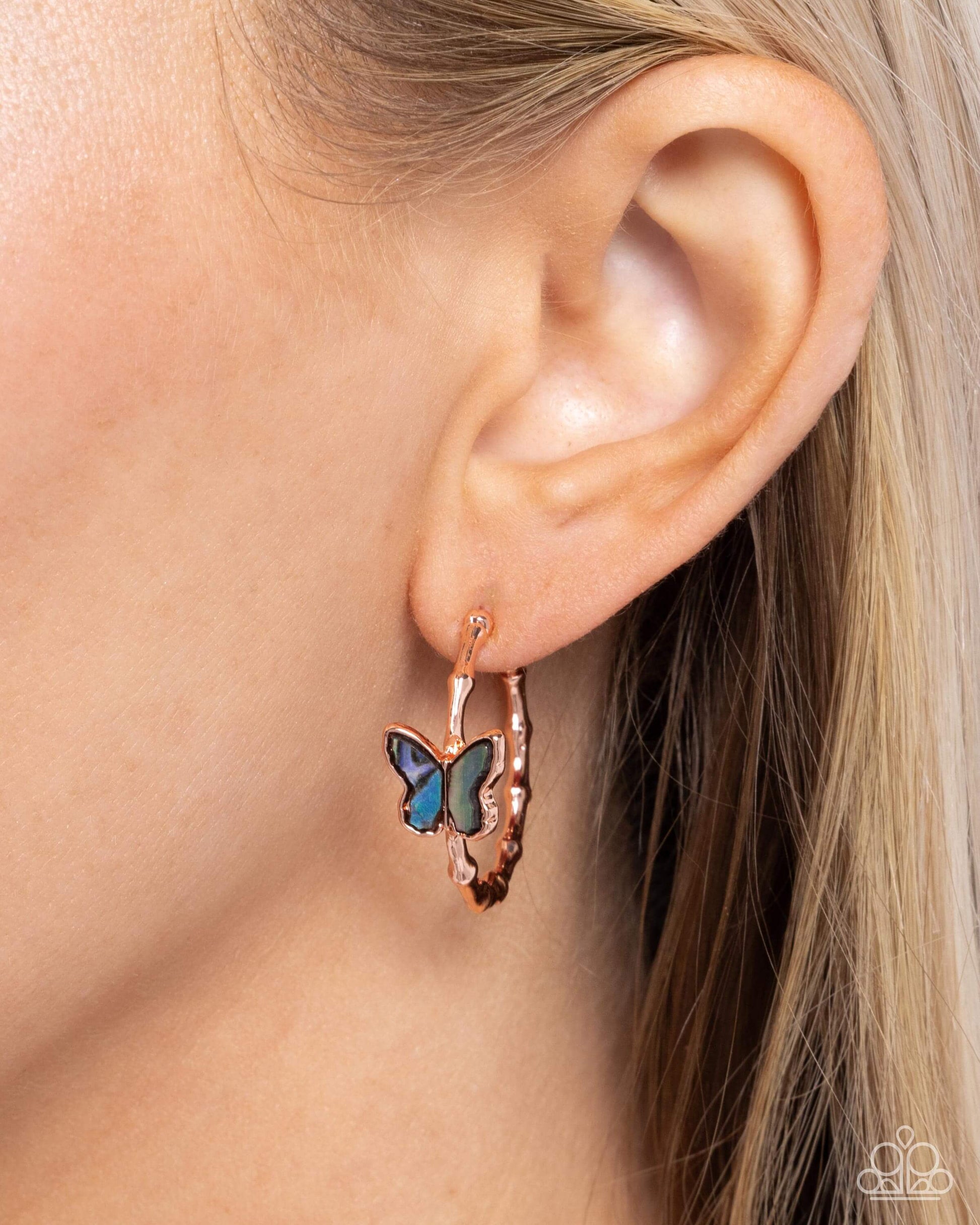 Butterfly Beginning - Copper Paparazzi Abalone Hoop Earrings Abalone,Accessories,Butterfly,Copper,earrings,Hoops,Shell-Like,Tiny Hoops