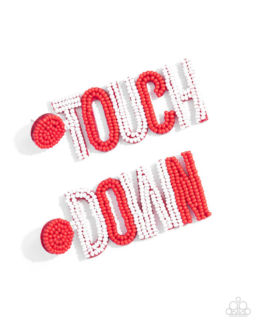 Touchdown Texture - Red Paparazzi Team Earrings $5 Jewelry with Janet Morgan Earrings