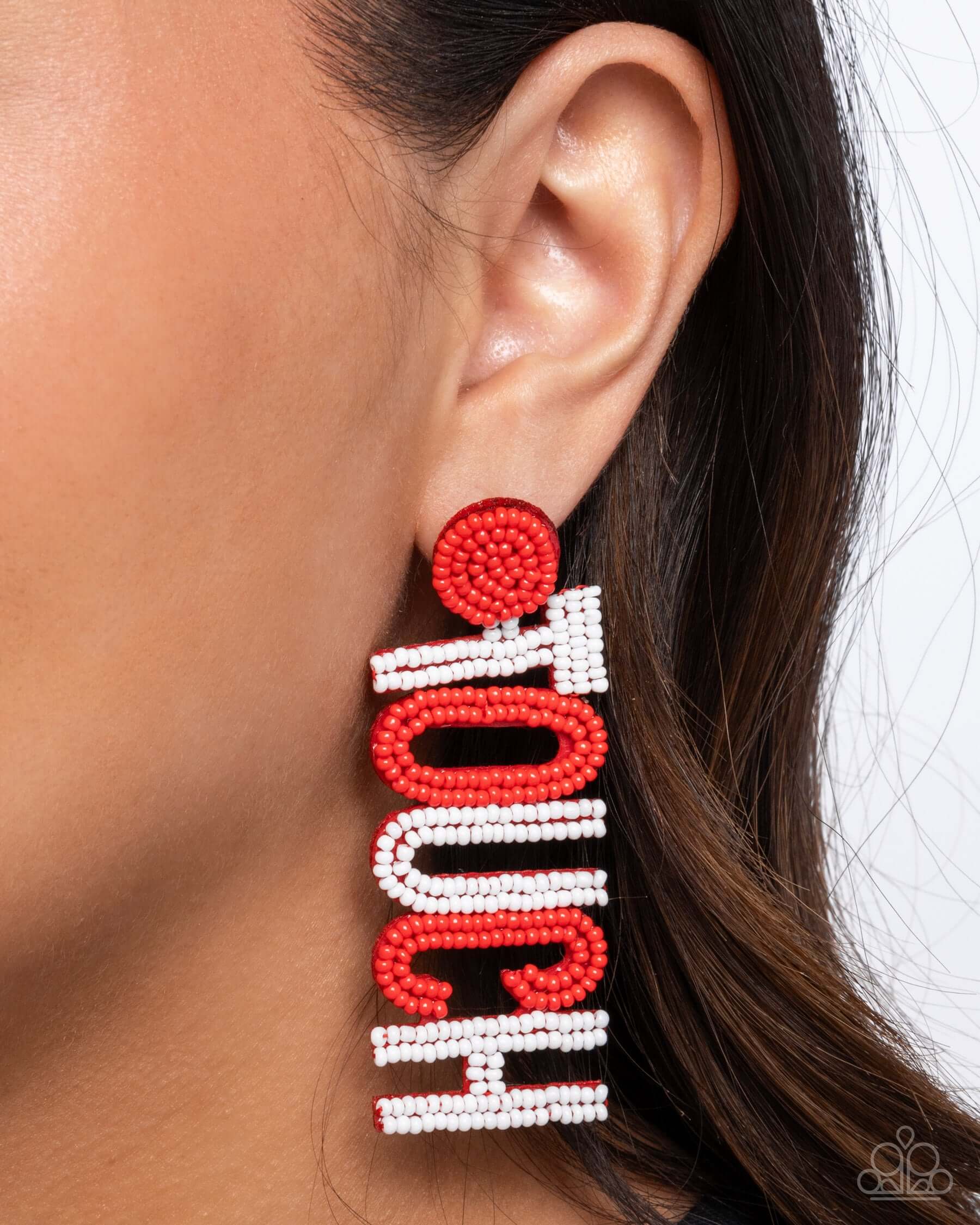 Touchdown Texture - Red Paparazzi Team Earrings $5 Jewelry with Janet Morgan Earrings
