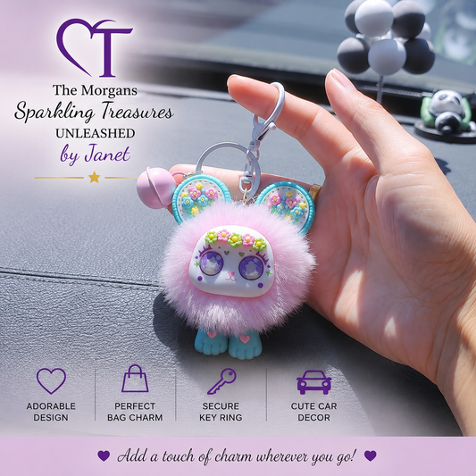 Hand holding a fluffy pink keychain with decorative elements on a car dashboard.