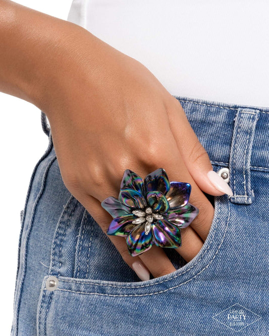 Platonic Petals - Black Paparazzi Floral Ring Accessories,Black,Floral,Iridescence,Oil Spill,Ring