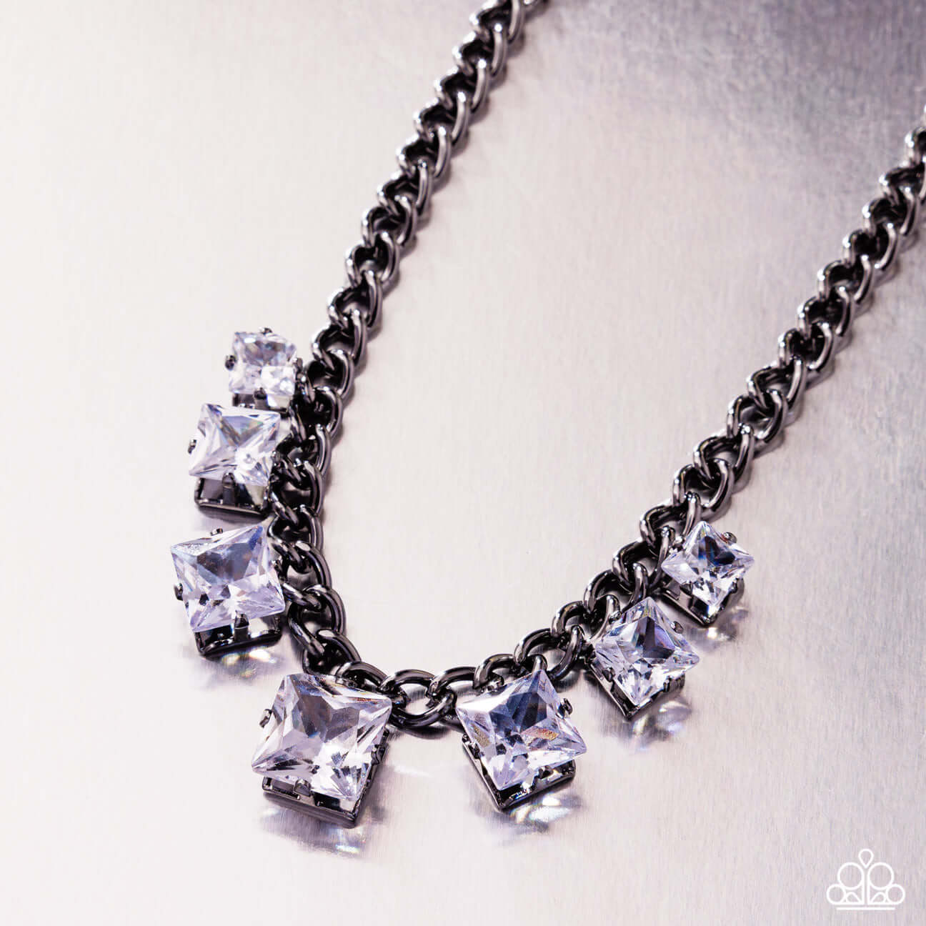 Seeking Out Squares - Black- Paparazzi Necklaces Accessories,Black,Gunmetal,Necklace,Short Necklace,White rhinestones