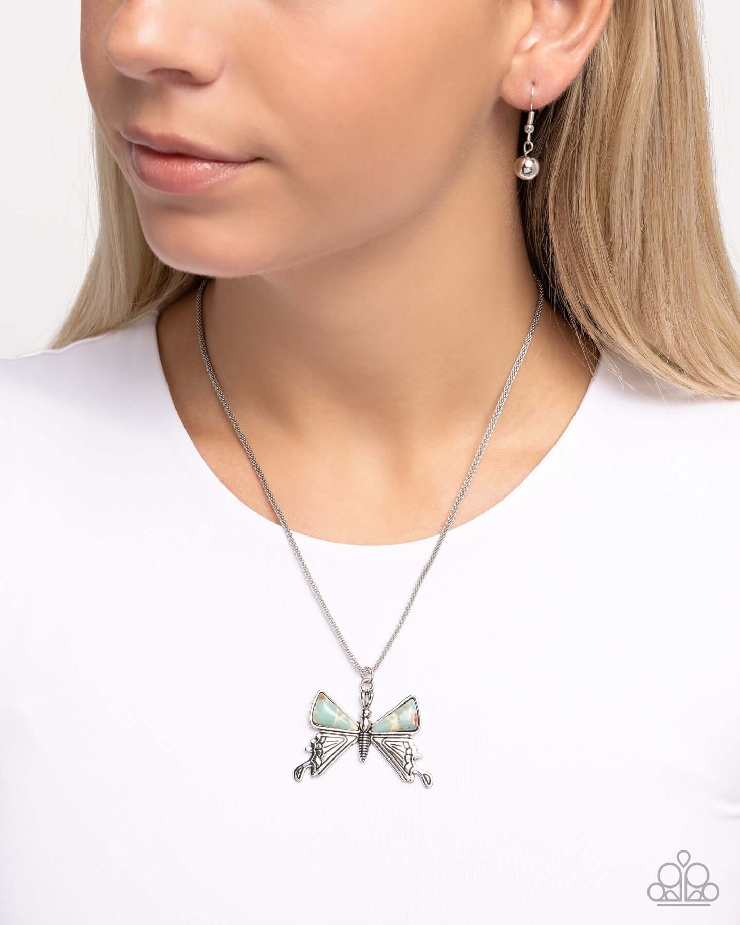 Down to Earth Descent - Blue Paparazzi Necklace Accessories,Blue,Butterfly,Necklace,New Arrival,Short Necklace,Turquoise