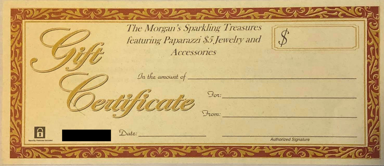 The Morgan's Sparkling Treasures (TMST) ~ Gift Certificates $5 Jewelry with Janet Morgan Gift Cards