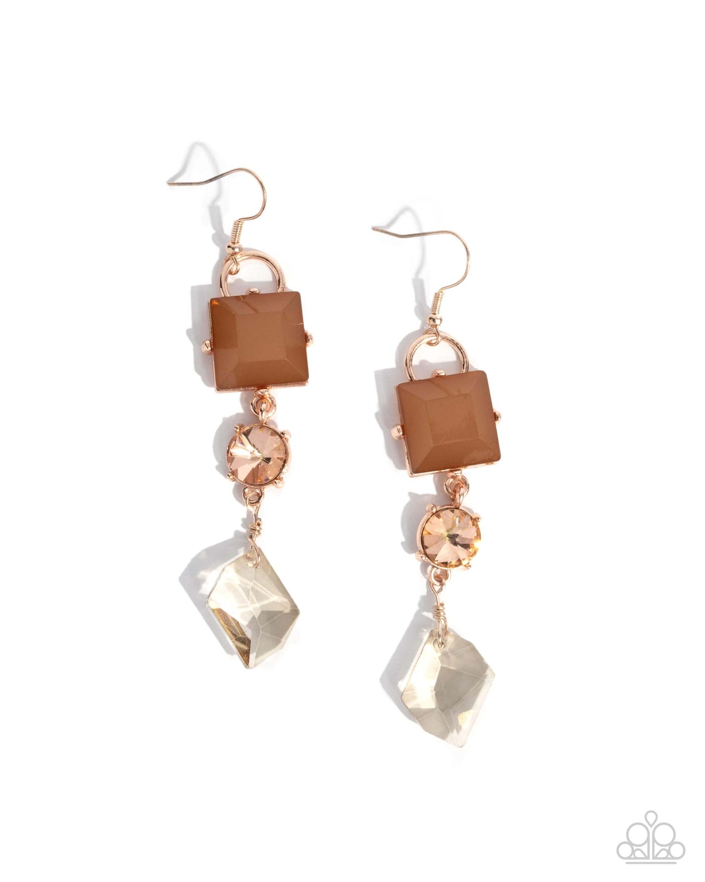 Alluring Assertion - Rose Gold Paparazzi Earrings Accessories,Acrylic,Brown,earrings,Peach,Rose Gold