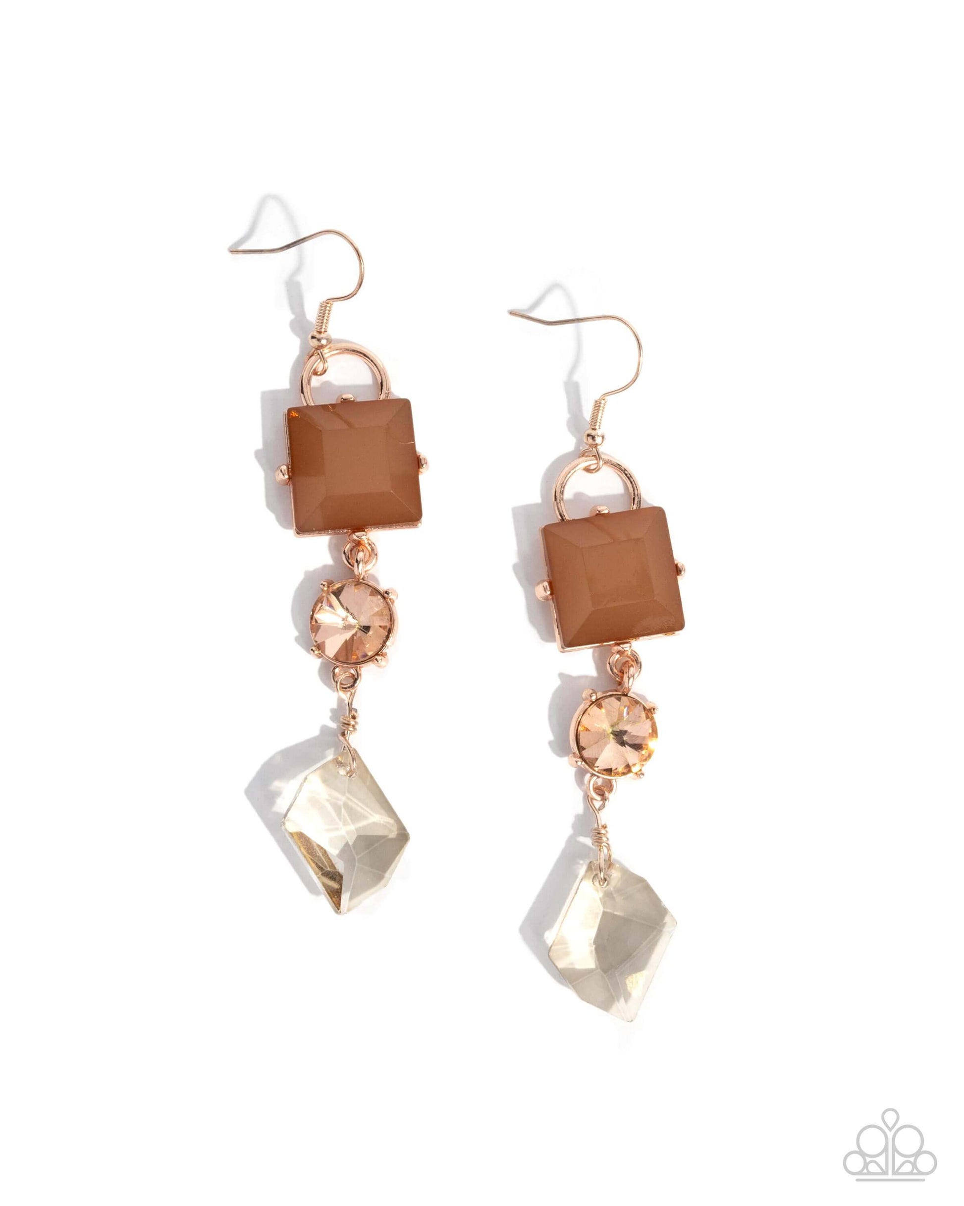 Alluring Assertion - Rose Gold Paparazzi Earrings Accessories,Acrylic,Brown,earrings,Peach,Rose Gold