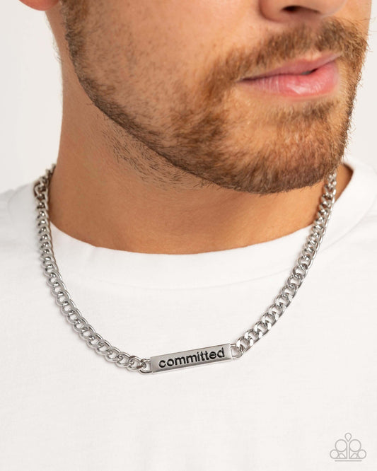 Fully Committed - Silver Paparazzi Necklace Accessories,Inspirational,Mens Accessories,Necklace,Short Necklace,Silver