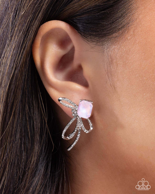 Positively Radiant - Pink Paparazzi Earrings Accessories,Bow,earrings,Iridescence,Pink,Post,White rhinestones