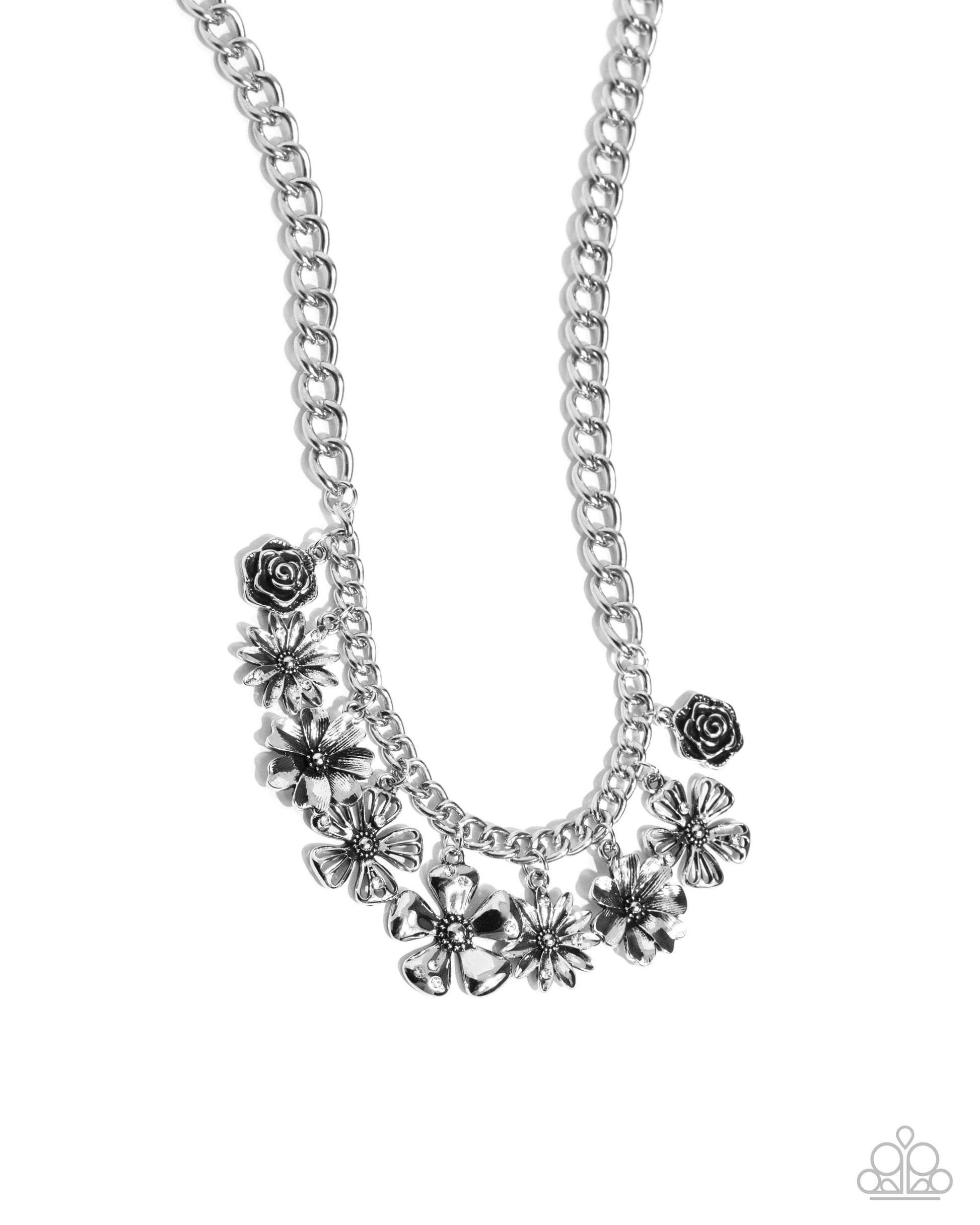 Loyal Layers - White Paparazzi Charm Necklace Accessories,Charms,Floral,Necklace,Short Necklace,Silver