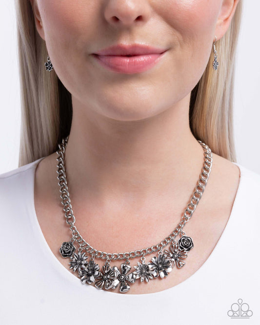 Loyal Layers - White Paparazzi Charm Necklace Accessories,Charms,Floral,Necklace,Short Necklace,Silver