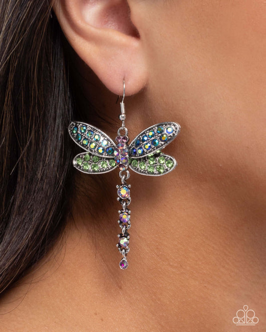 Hey, I Heard You Were A Wild One - Green Paparazzi Earrings Accessories,Dragonfly,earrings,Green,Multicolor,Silver Accents