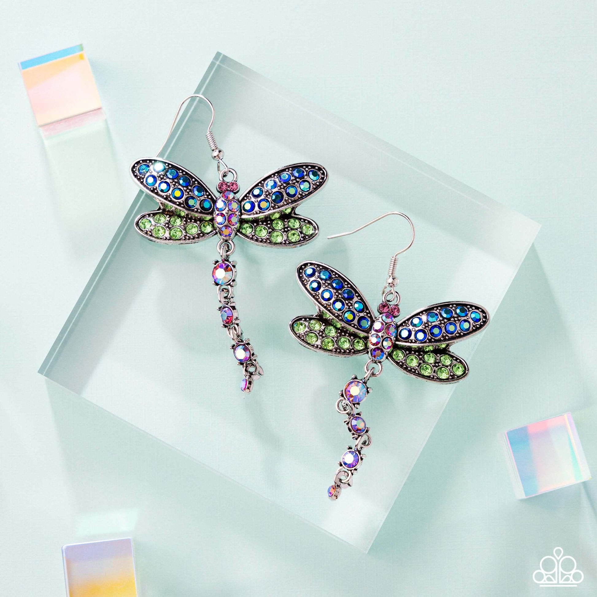 Hey, I Heard You Were A Wild One - Green Paparazzi Earrings Accessories,Dragonfly,earrings,Green,Multicolor,Silver Accents