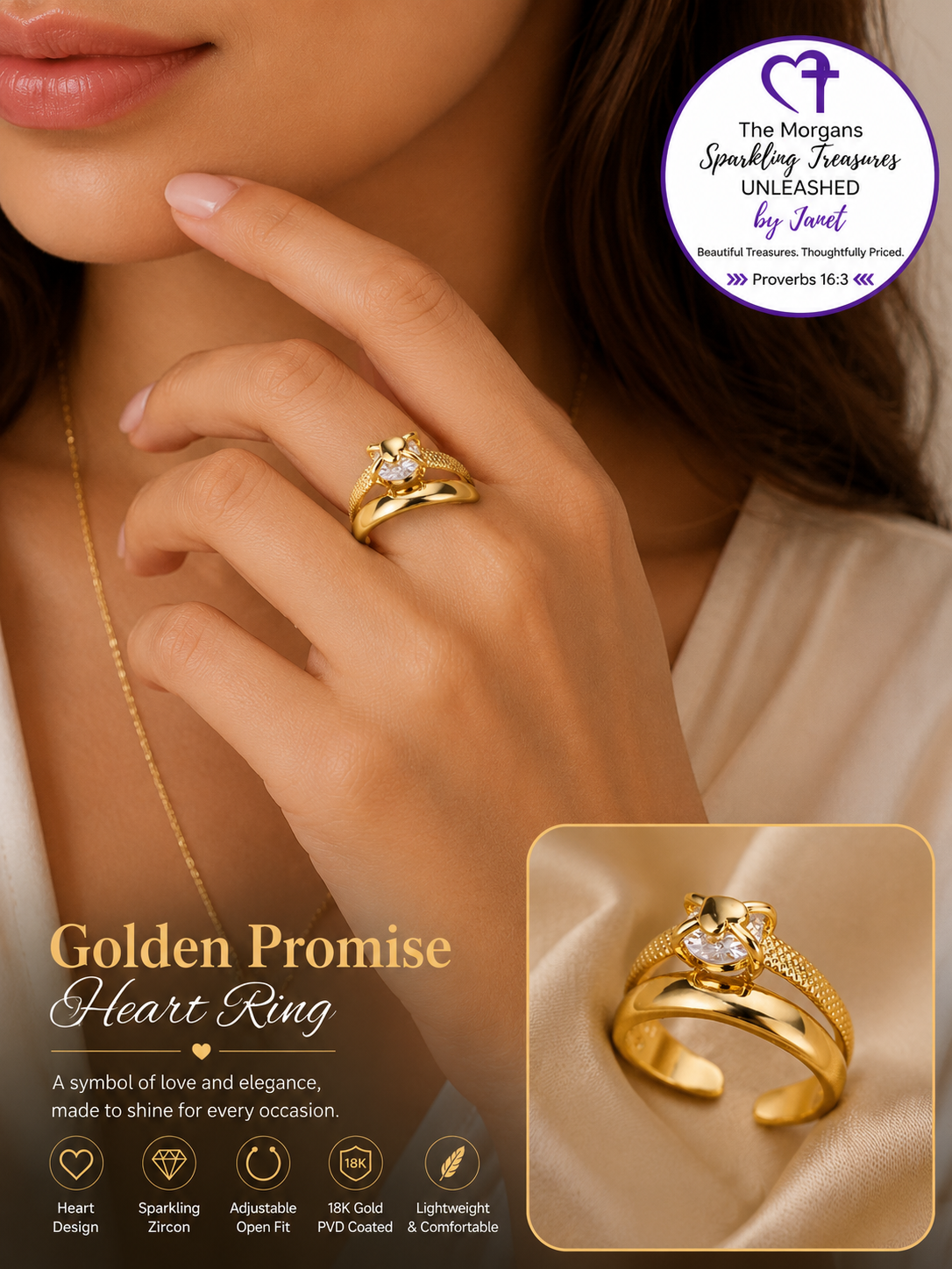 Golden Promise Heart Ring – 18K Gold PVD Adjustable Ring