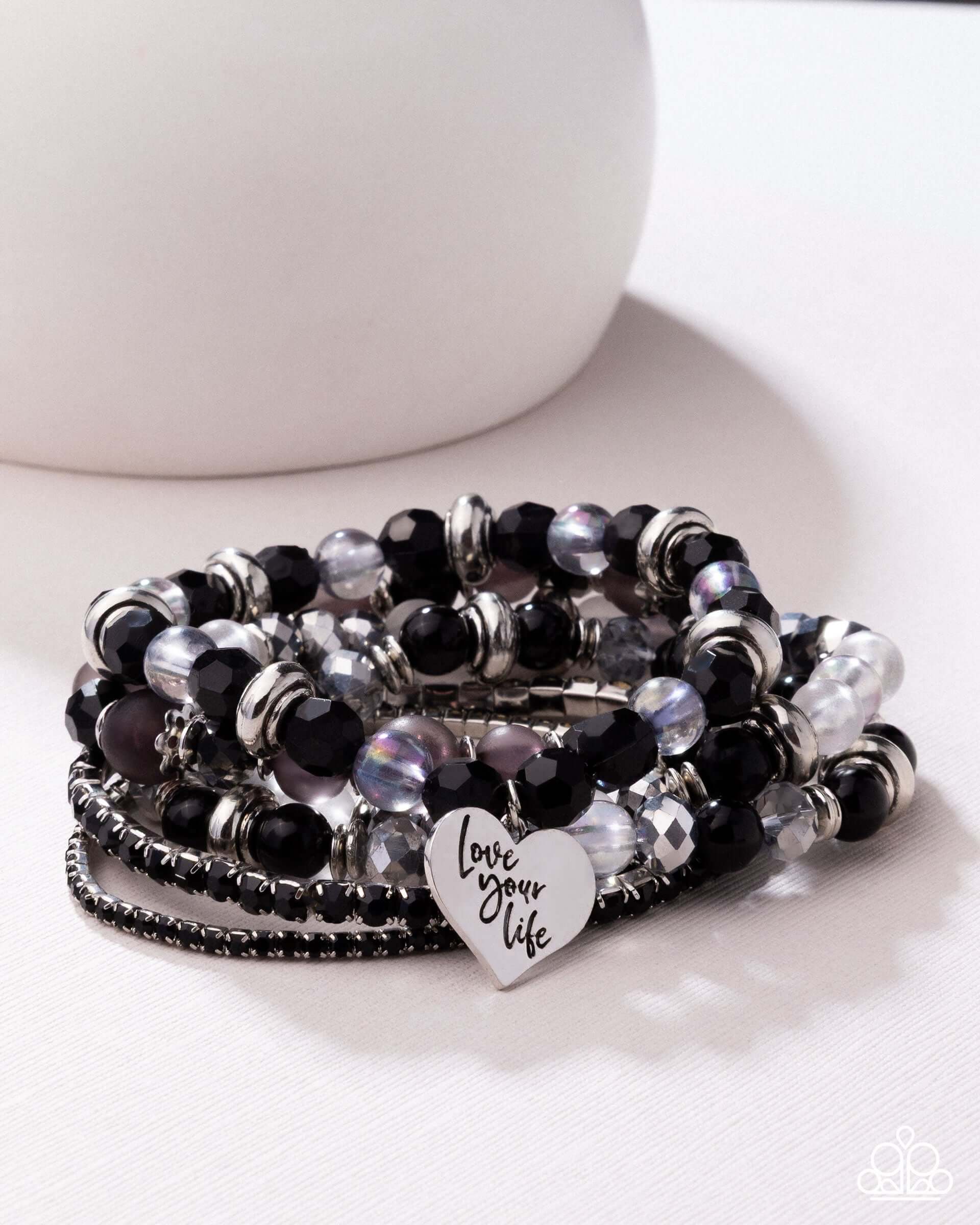 Optimistic Opulence - Black Paparazzi Love your Life Bracaelet Accessories,Black,Bracelet,Hearts,Inspirational,Stretchy