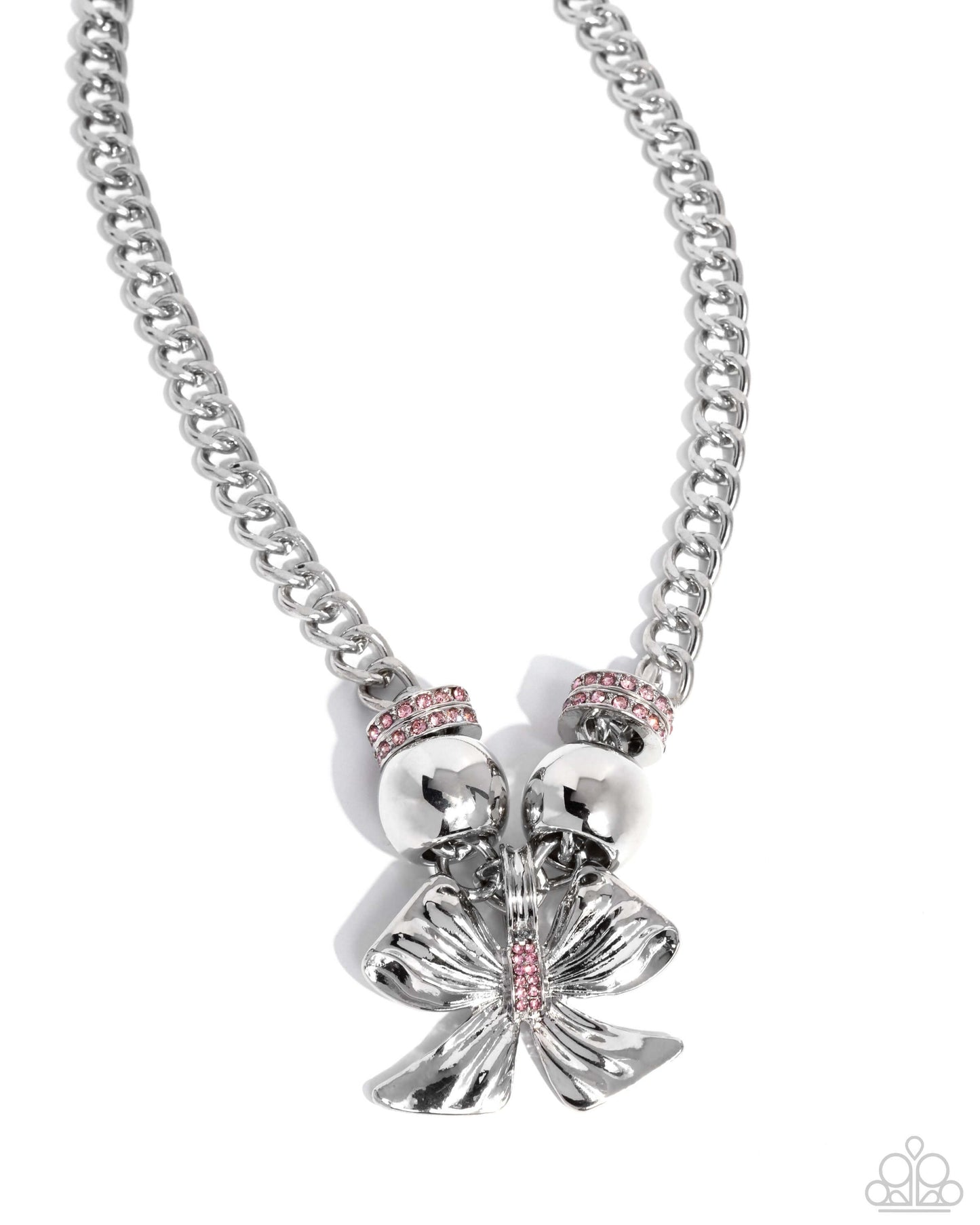 Big Deal Bow - Pink Paparazzi Necklace Accessories,Bow,Necklace,Pink,Short Necklace,Silver Accents