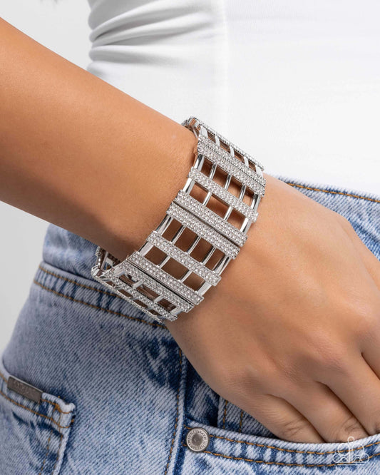 Vertical Vanity - White Paparazzi Bracelets Accessories,Bracelet,Silver,Stretchy,White rhinestones
