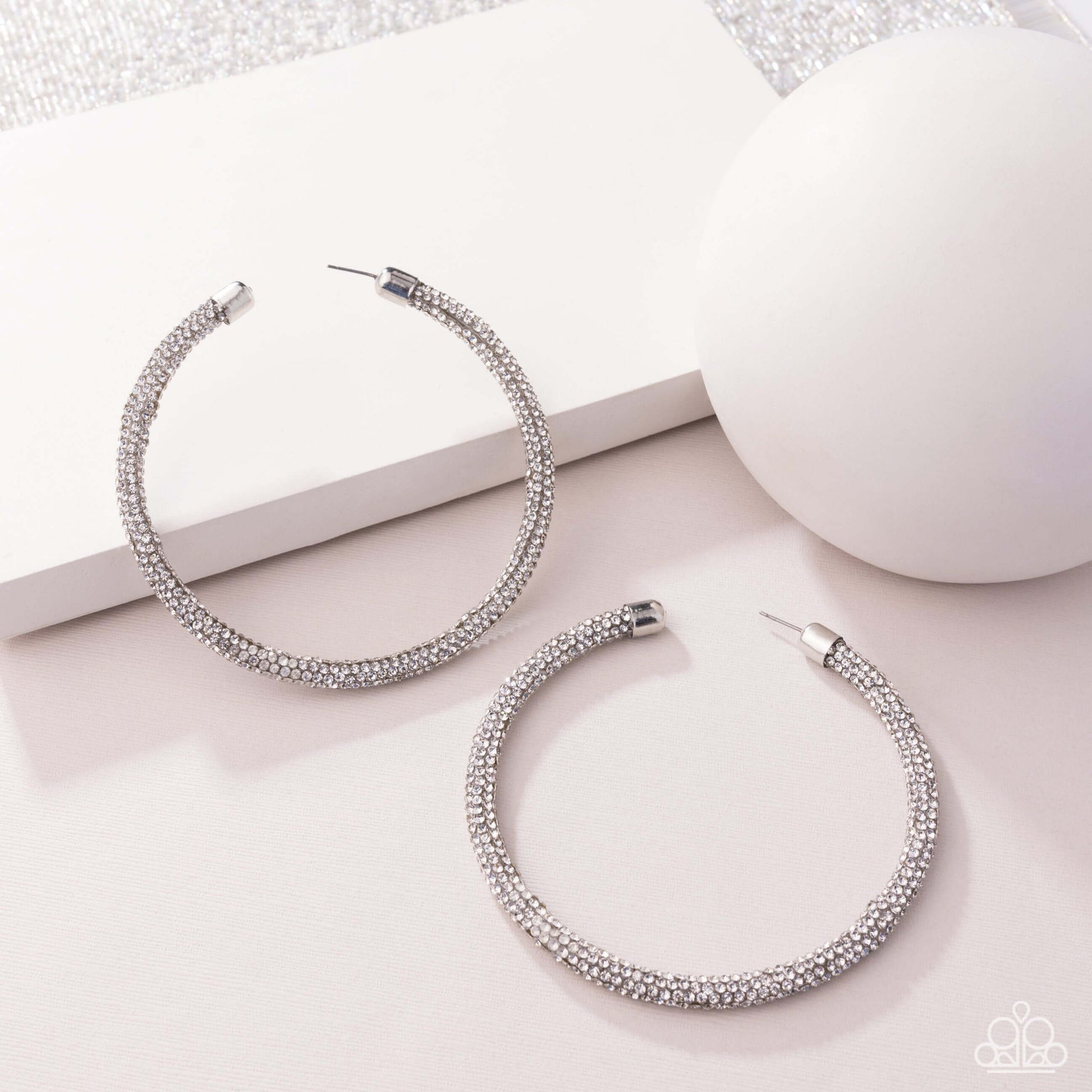 Classy Condition - White Paparazzi Life of the Party Hoop Earrings Accessories,earrings,Hoops,Life of the Party Exclusive,Silver,White rhinestones