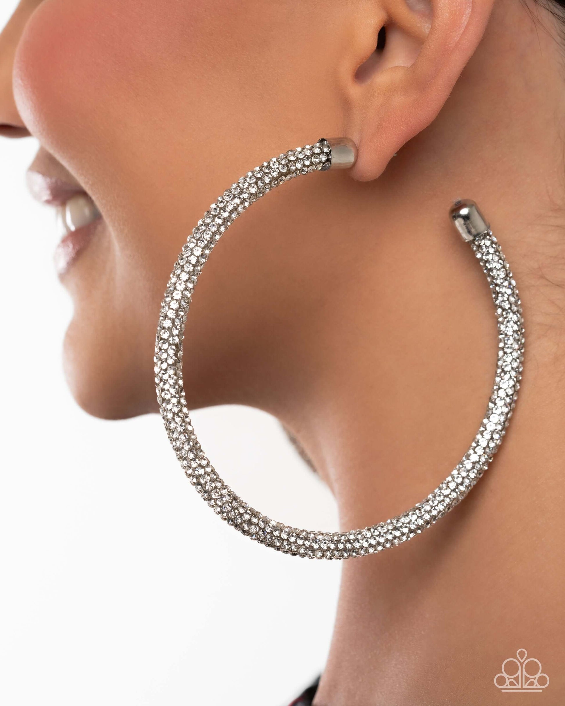 Classy Condition - White Paparazzi Life of the Party Hoop Earrings Accessories,earrings,Hoops,Life of the Party Exclusive,Silver,White rhinestones