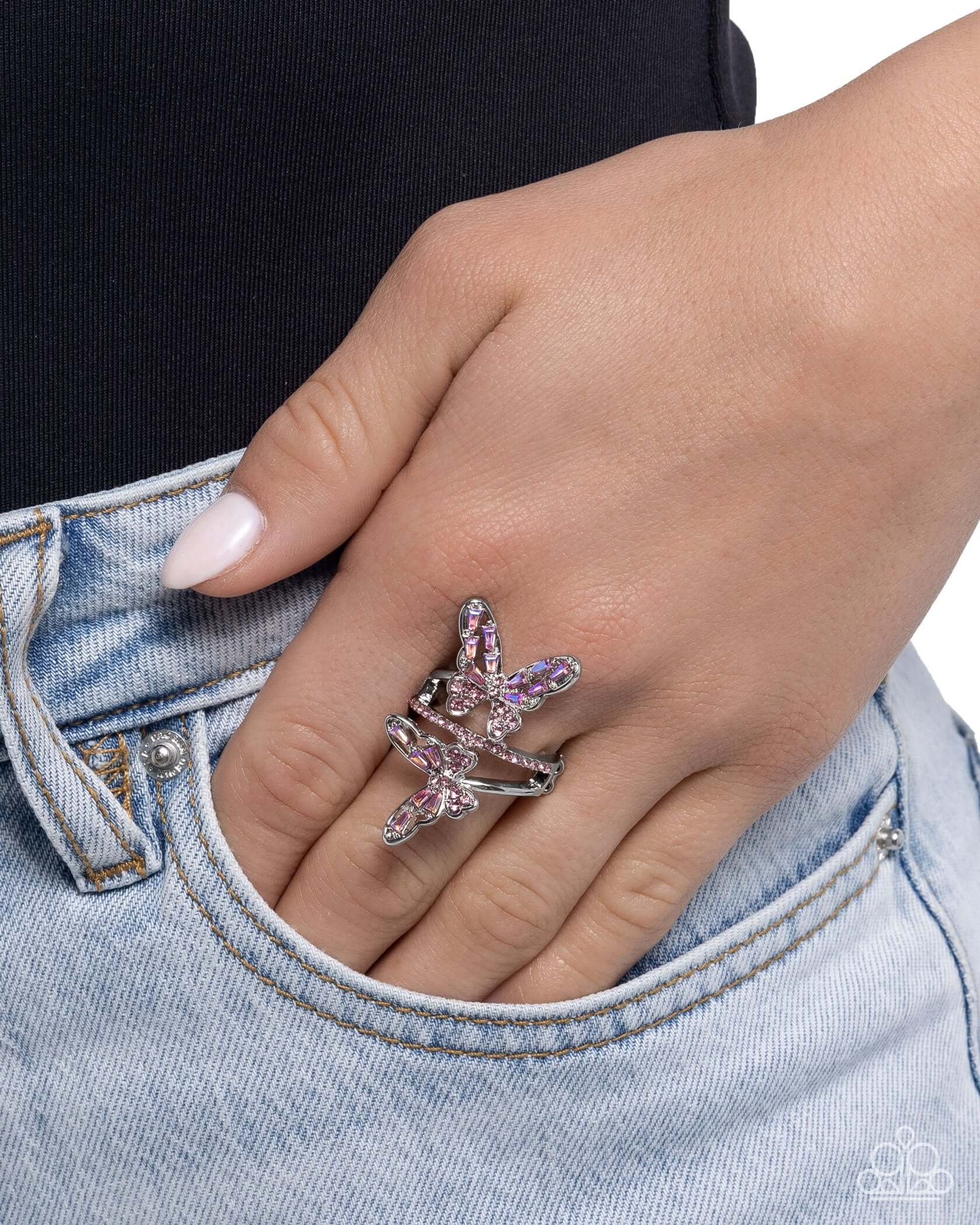 Fluttering Flamenco - Pink Paparazzi Butterfly Ring Accessories,Butterfly,Dainty Band Ring,Iridescence,Pink,Ring