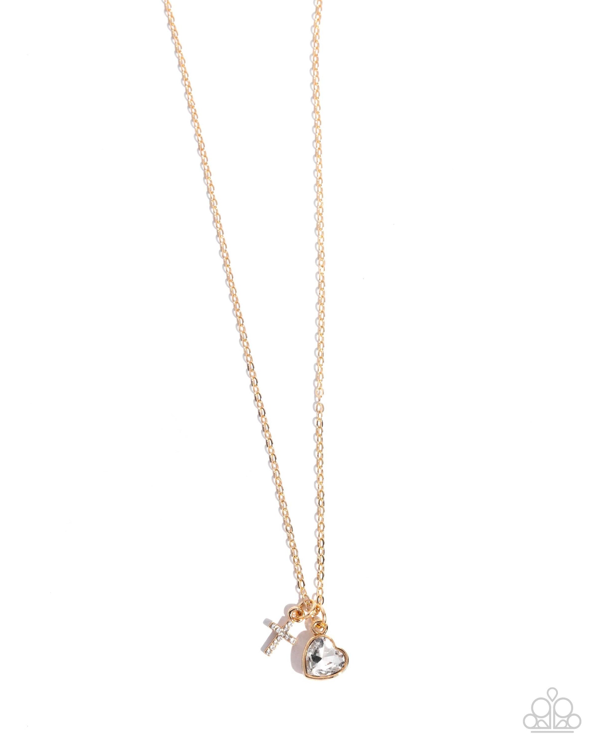 Blessed Brilliance - Gold Paparazzi Cross Necklace Accessories,Cross,Gold,Hearts,Necklace,Short Necklace