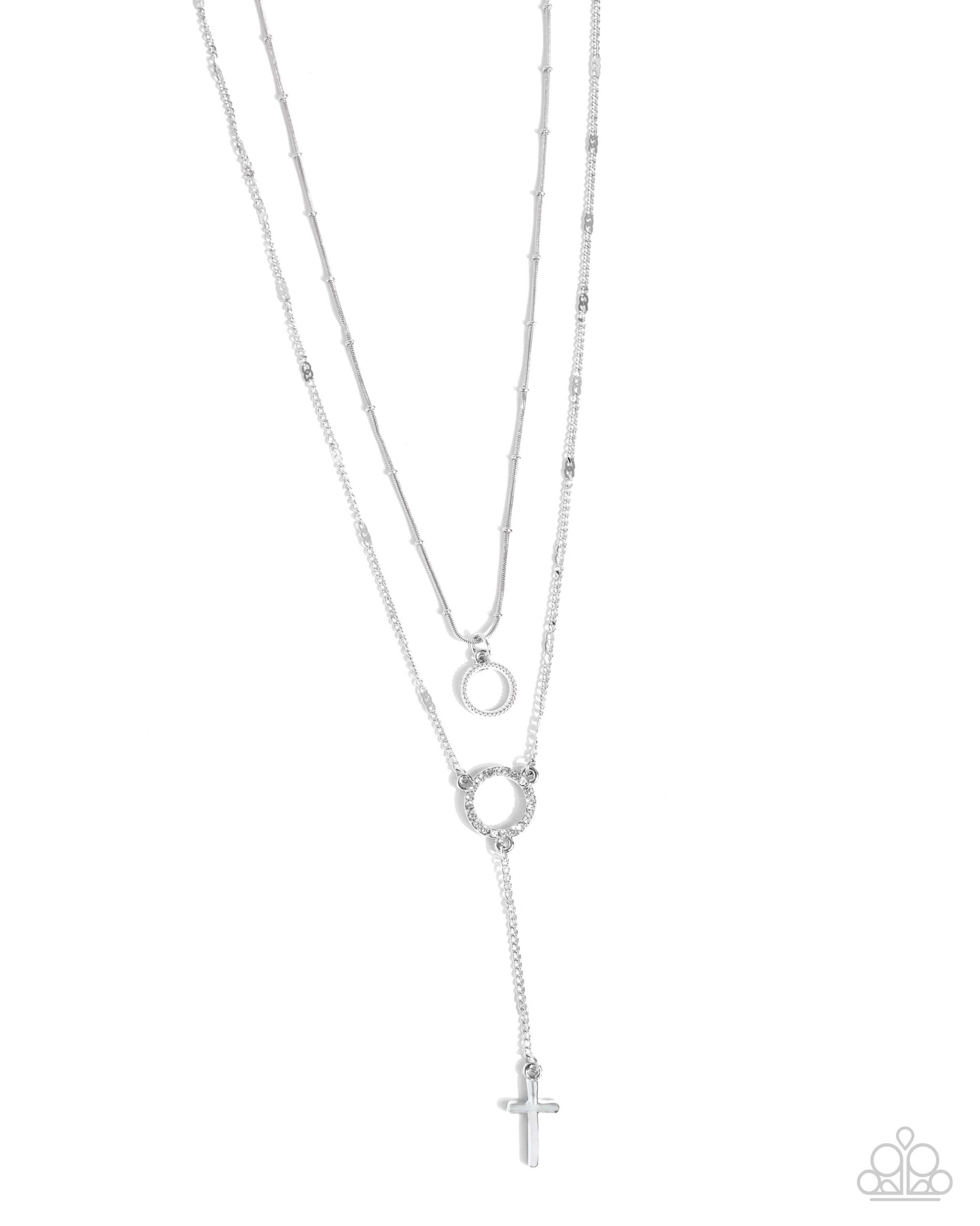 Faithfully Fierce - White Paparazzi Cross Necklace Accessories,Cross,Faith,Necklace,Short Necklace,Silver,White,White rhinestones