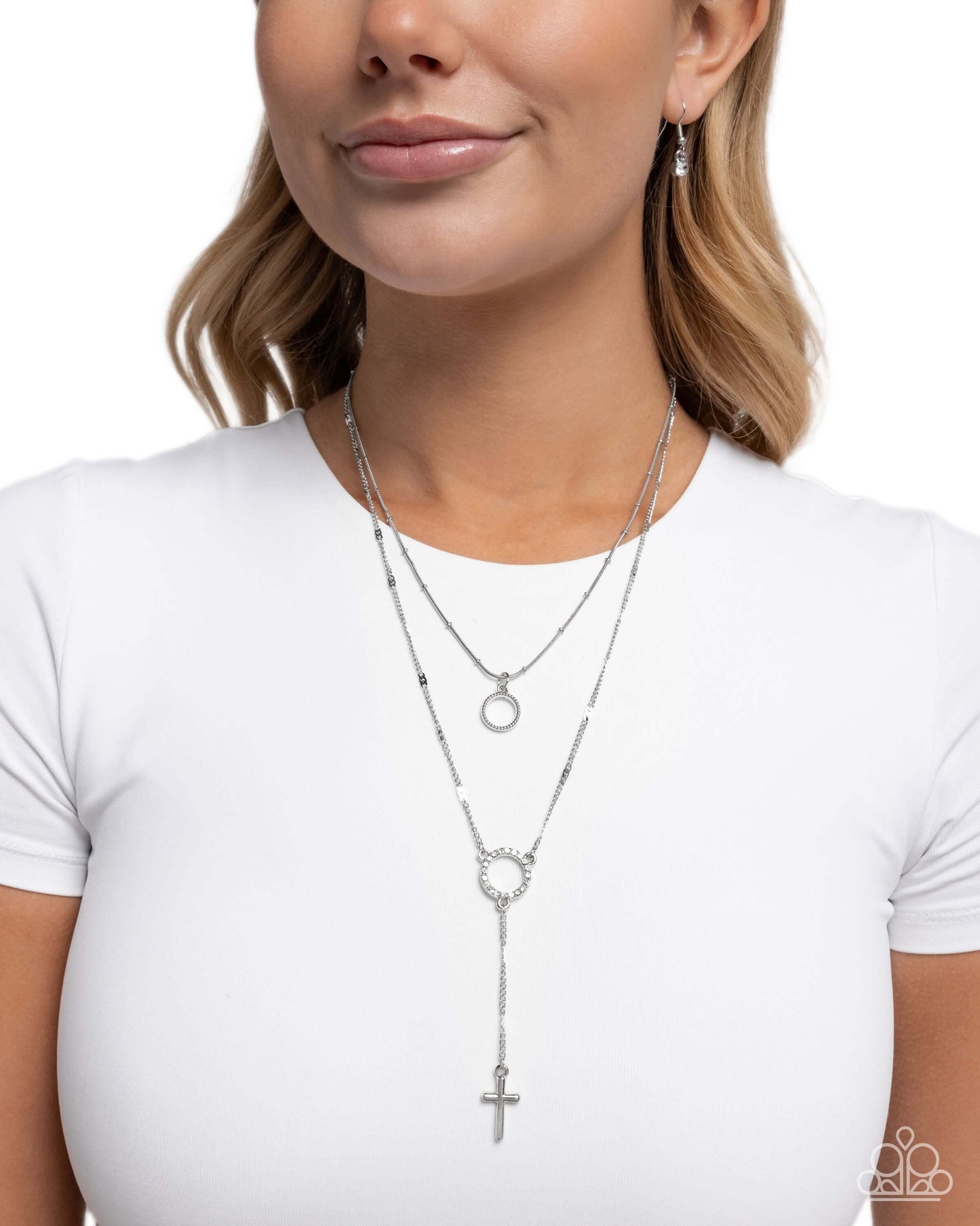 Faithfully Fierce - White Paparazzi Cross Necklace Accessories,Cross,Faith,Necklace,Short Necklace,Silver,White,White rhinestones