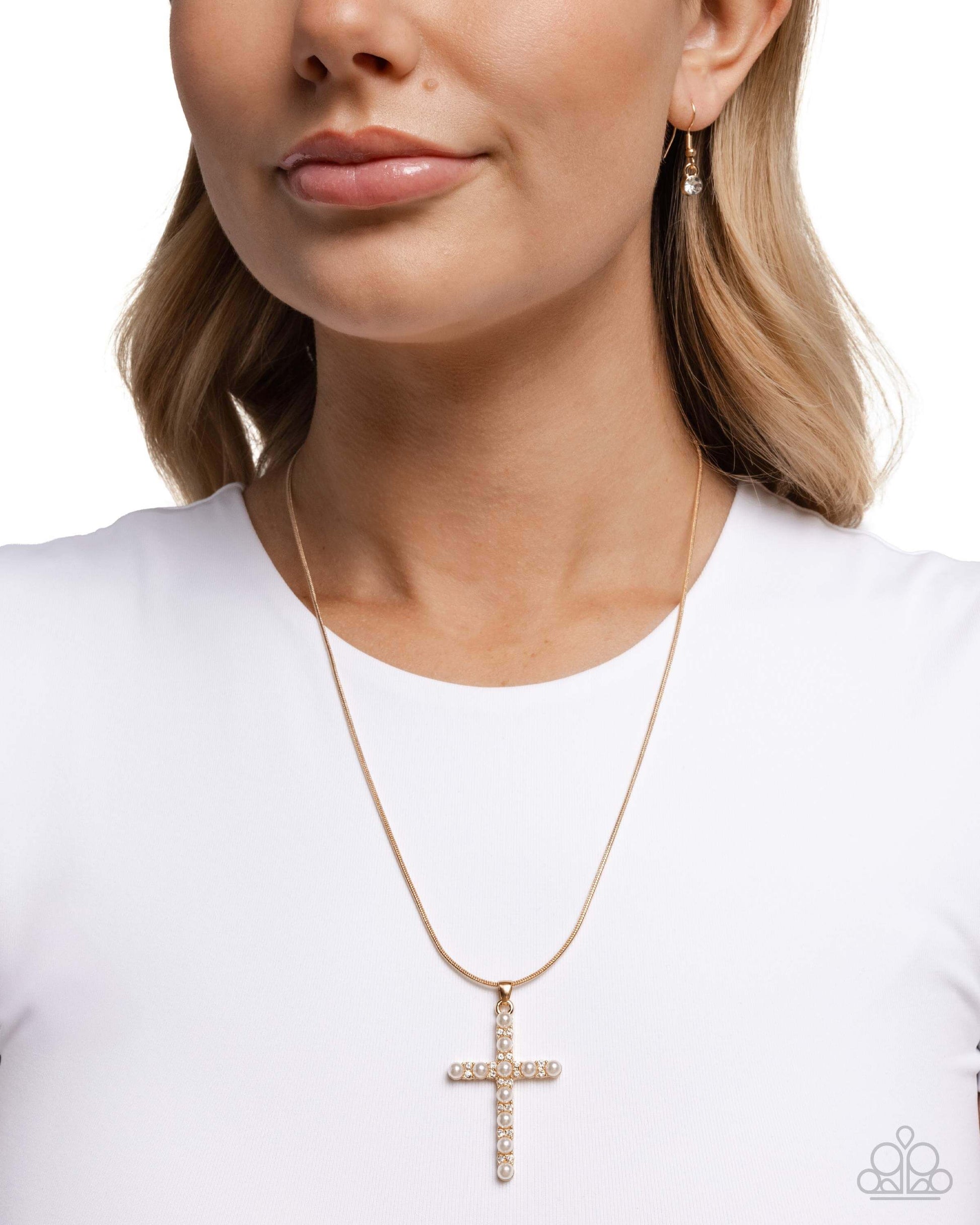 Holy Harmony - Gold Paparazzi Cross Necklace Accessories,Cross,Faith,Gold,Necklace,Pearls,Short Necklace