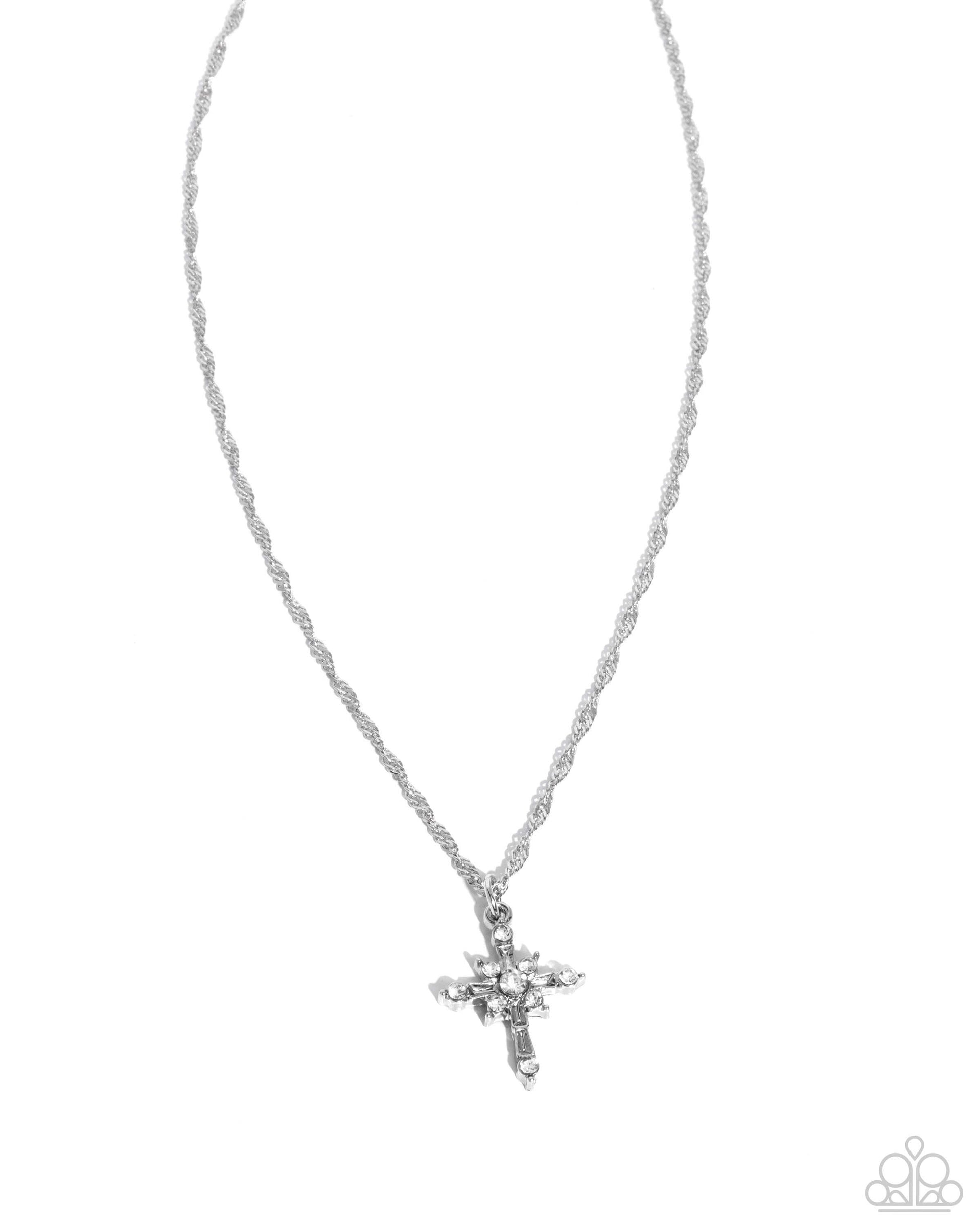 Graceful Glory - White Paparazzi Cross Necklace Accessories,Cross,Faith,Necklace,Short Necklace,Silver,Silver Accents,White rhinestones