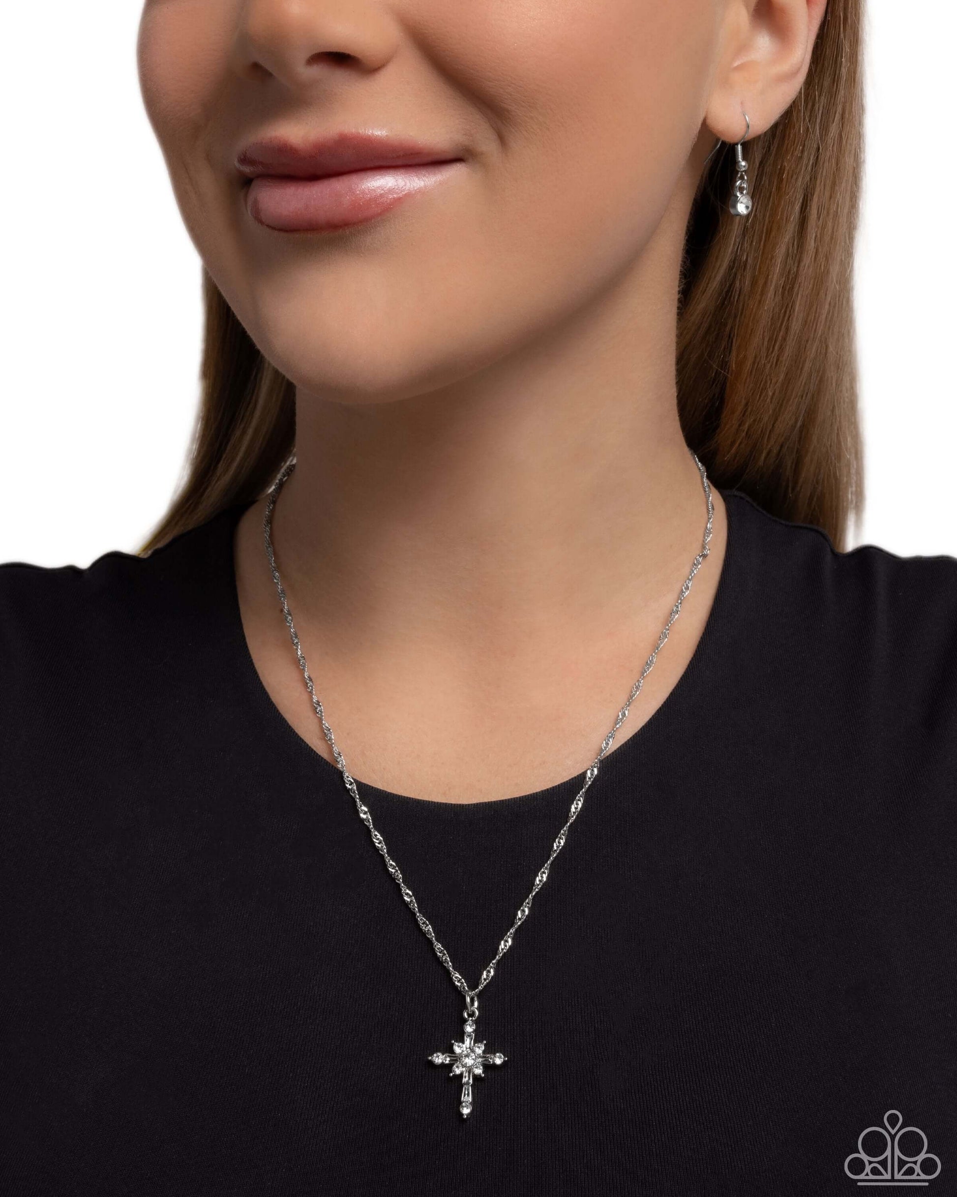 Graceful Glory - White Paparazzi Cross Necklace Accessories,Cross,Faith,Necklace,Short Necklace,Silver,Silver Accents,White rhinestones