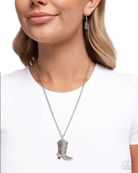 Blazing Boot - Pink Paparazzi Cowgirl Necklace Accessories,Necklace,Pink,Short Necklace,Silver Accents,Western,Western Design