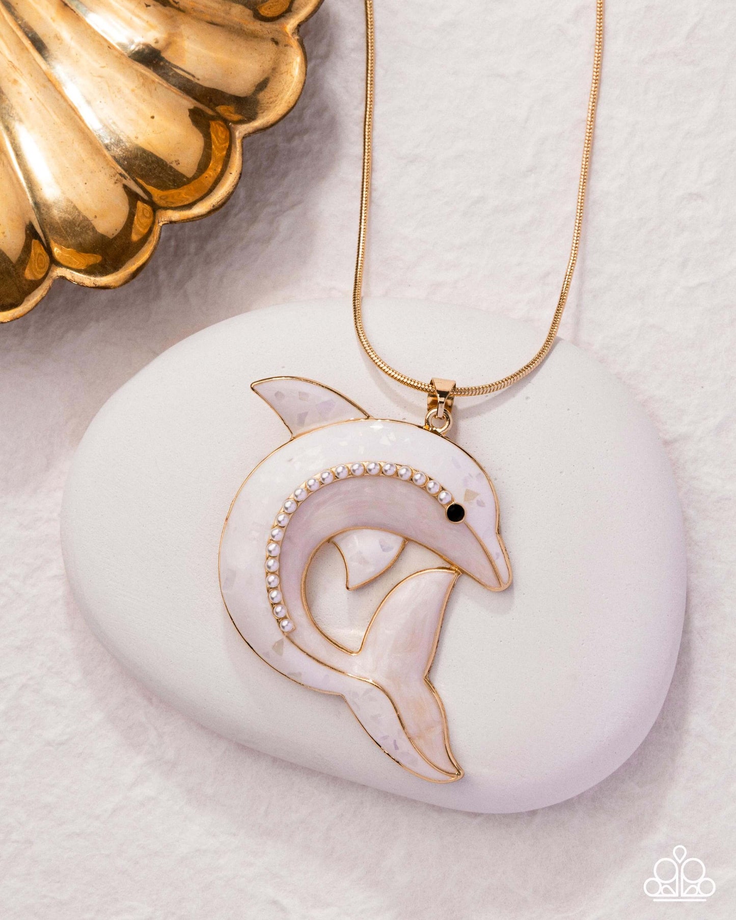 Dolphin Dive - Gold Pearlescent Paparazzi Necklace Accessories,Gold,Iridescence,Necklace,Pearls,Short Necklace,White