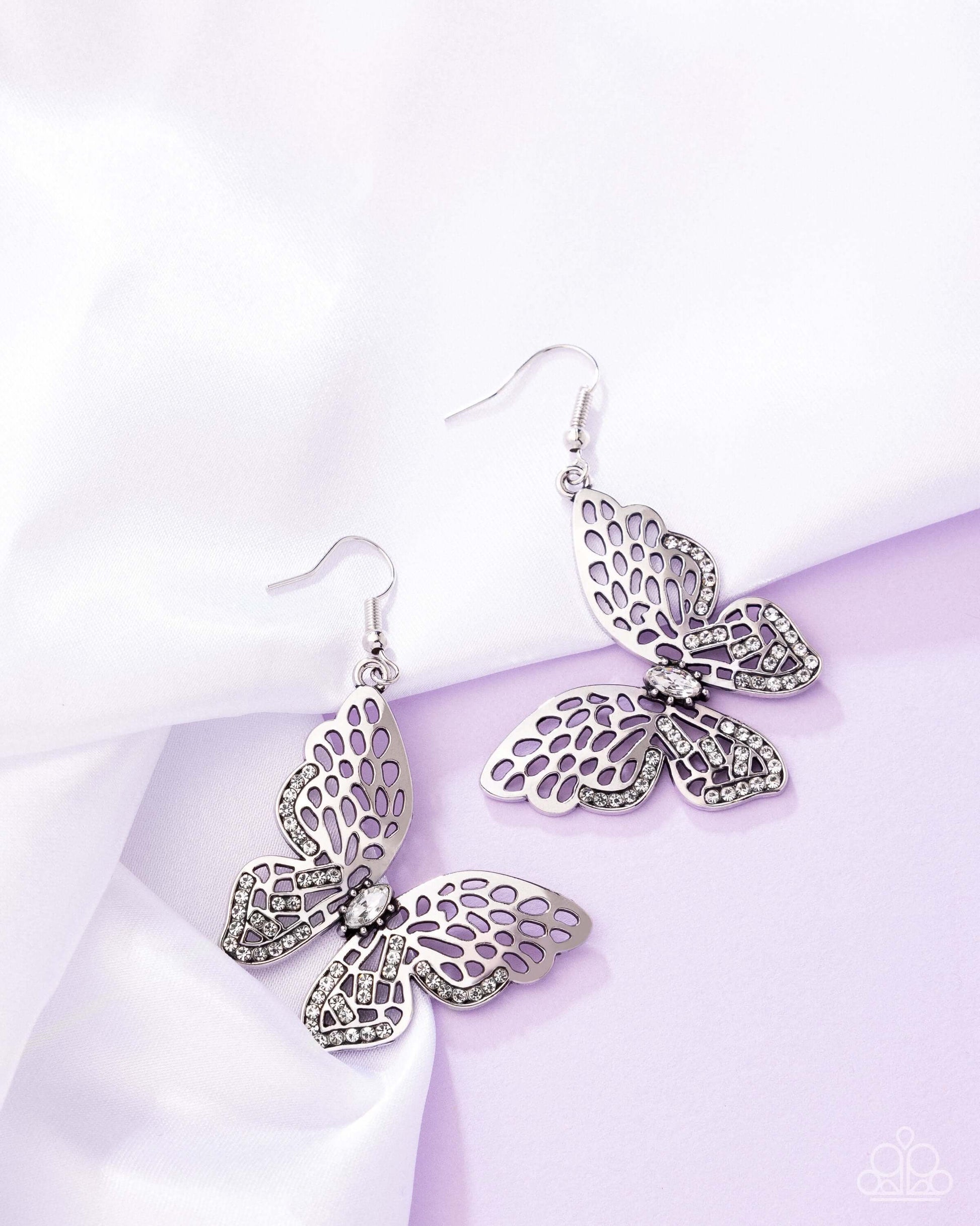 Fresh Flutter - White Paparazzi Butterfly Earrings Accessories,Butterfly,earrings,Silver,White rhinestones