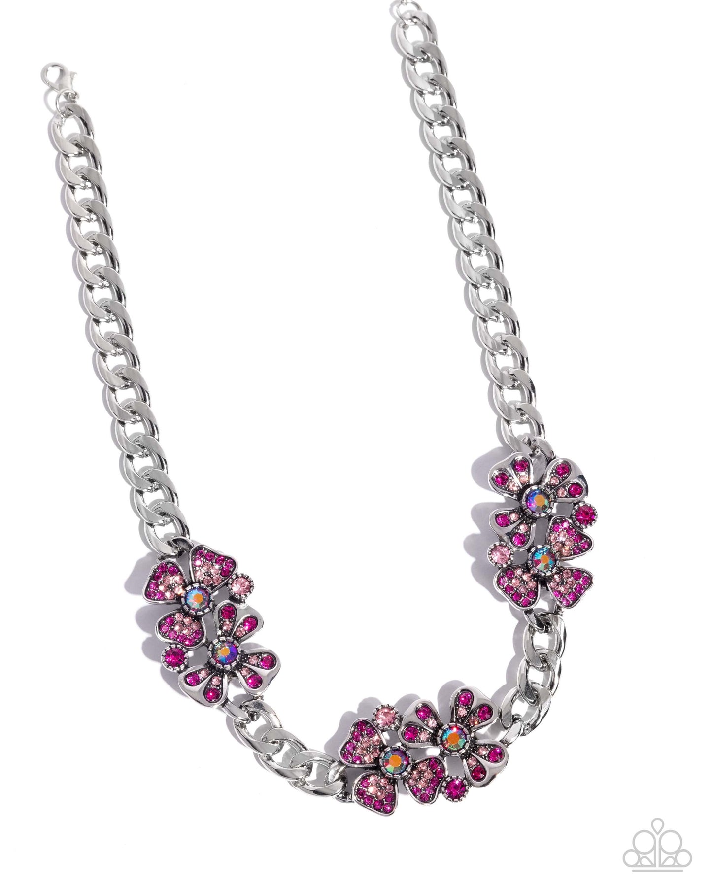 Fairy Florals - Pink Paparazzi Necklace Accessories,Iridescence,Necklace,Pink,Short Necklace,Silver Accents