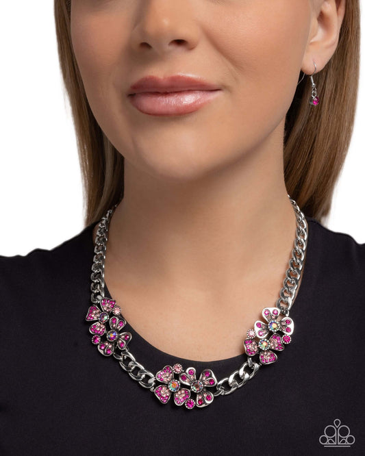 Fairy Florals - Pink Paparazzi Necklace Accessories,Iridescence,Necklace,Pink,Short Necklace,Silver Accents