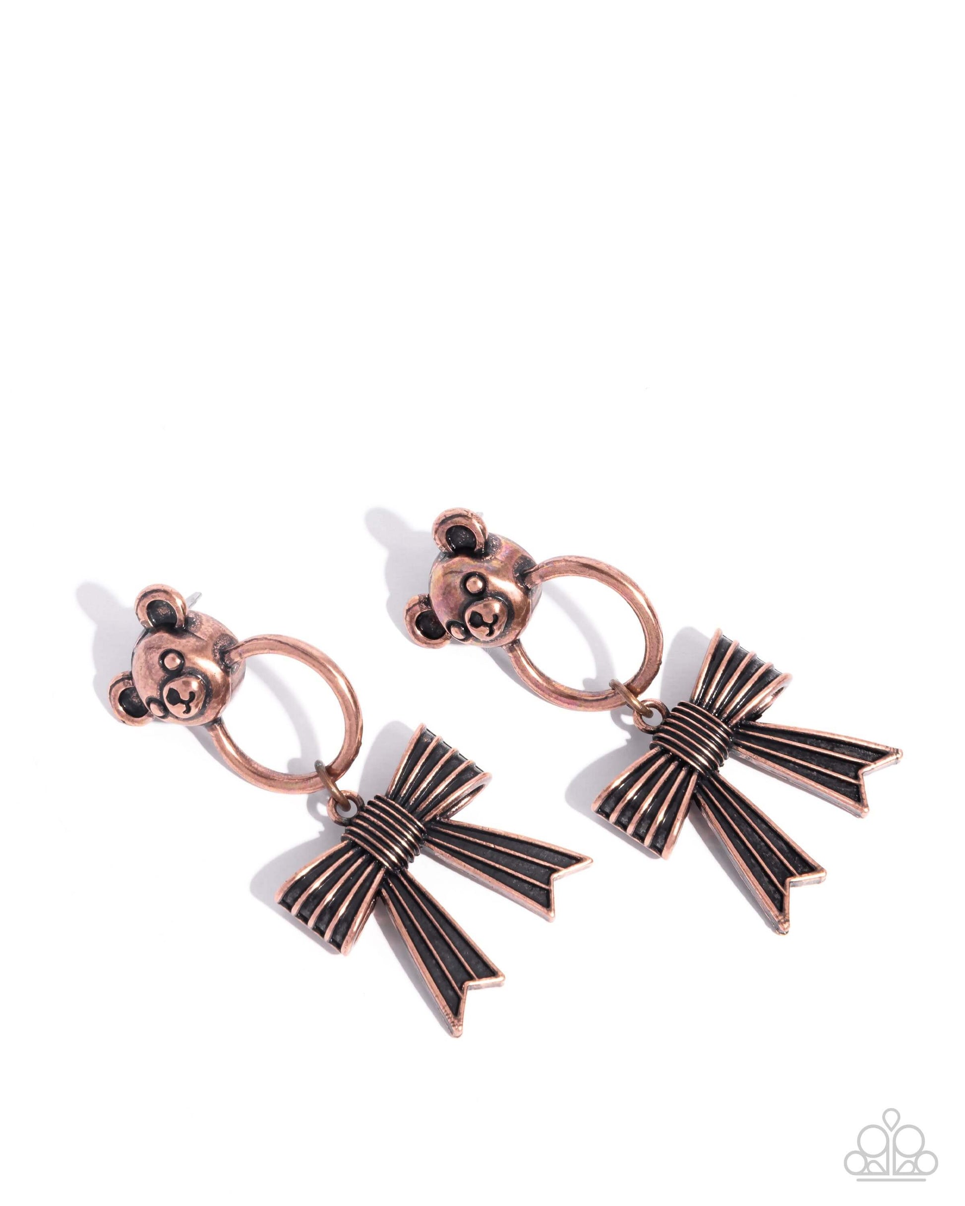 Bear in Mind - Copper Paparazzi Earrings Accessories,Bow,Brown,Copper,earrings,Teddy Bear