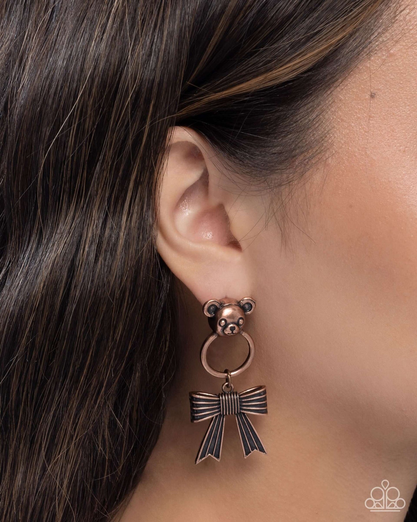 Bear in Mind - Copper Paparazzi Earrings Accessories,Bow,Brown,Copper,earrings,Teddy Bear