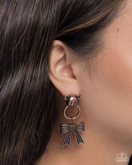 Bear in Mind - Copper Paparazzi Earrings Accessories,Bow,Brown,Copper,earrings,Teddy Bear
