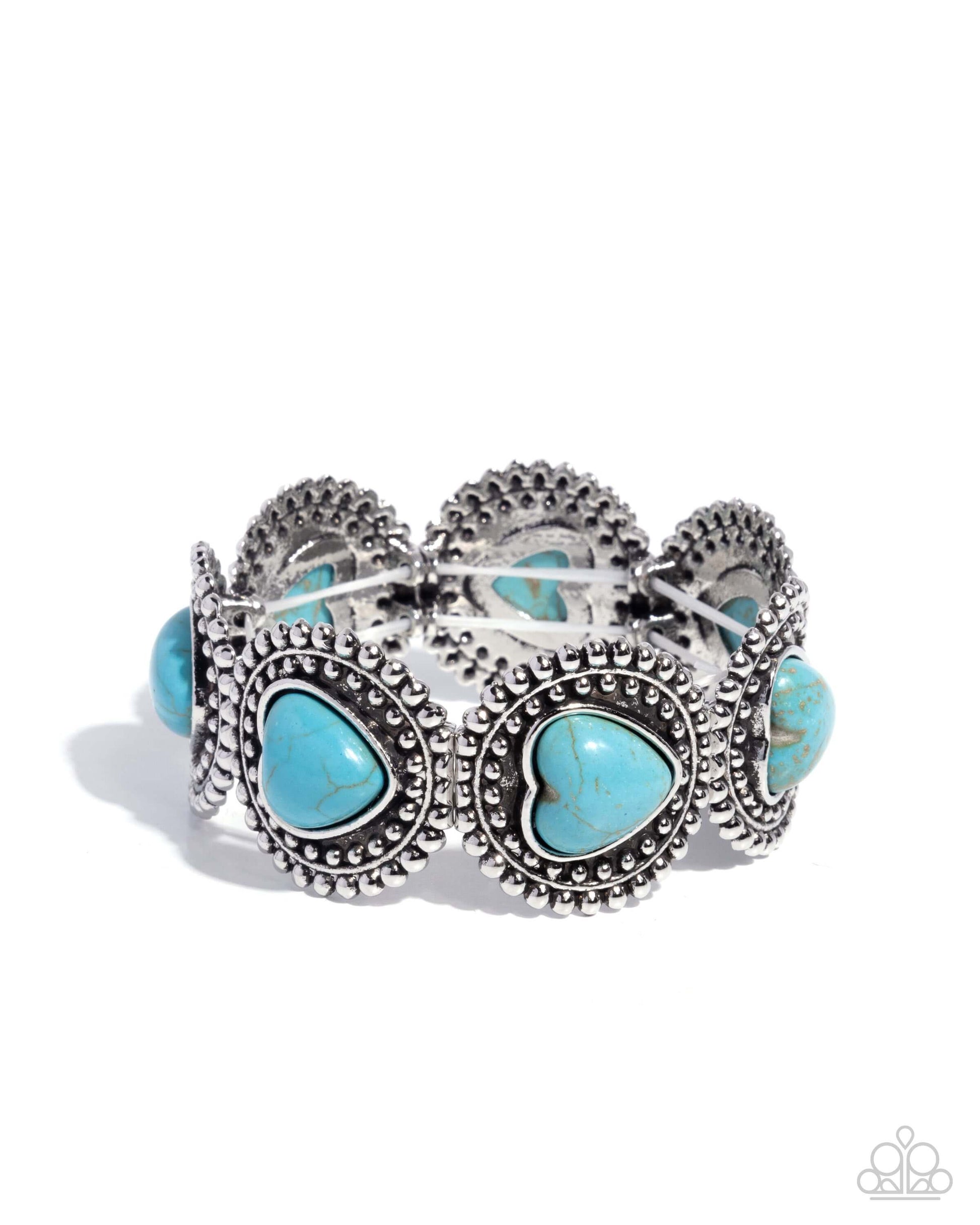 Rural Romance - Blue Turquoise Paparazzi Heart Bracelet Accessories,Blue,Bracelet,Hearts,Stretchy,Turquoise,Western,Western Design
