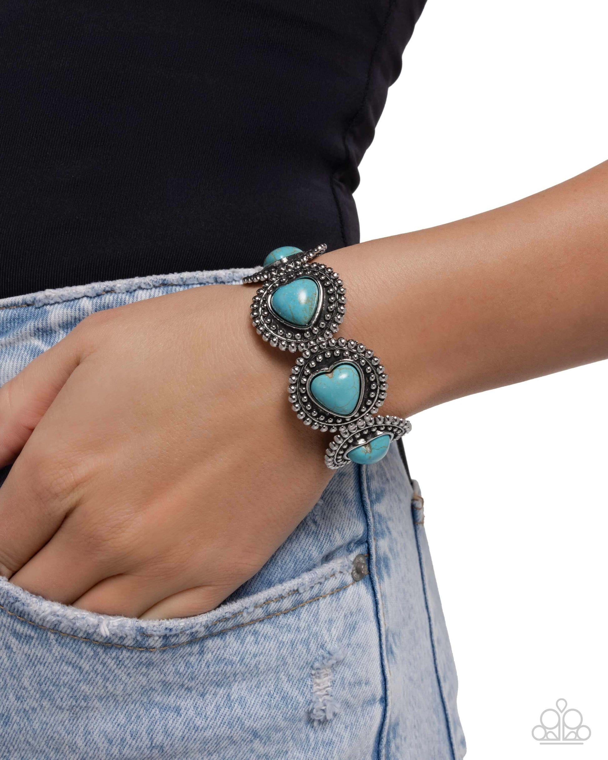 Rural Romance - Blue Turquoise Paparazzi Heart Bracelet Accessories,Blue,Bracelet,Hearts,Stretchy,Turquoise,Western,Western Design