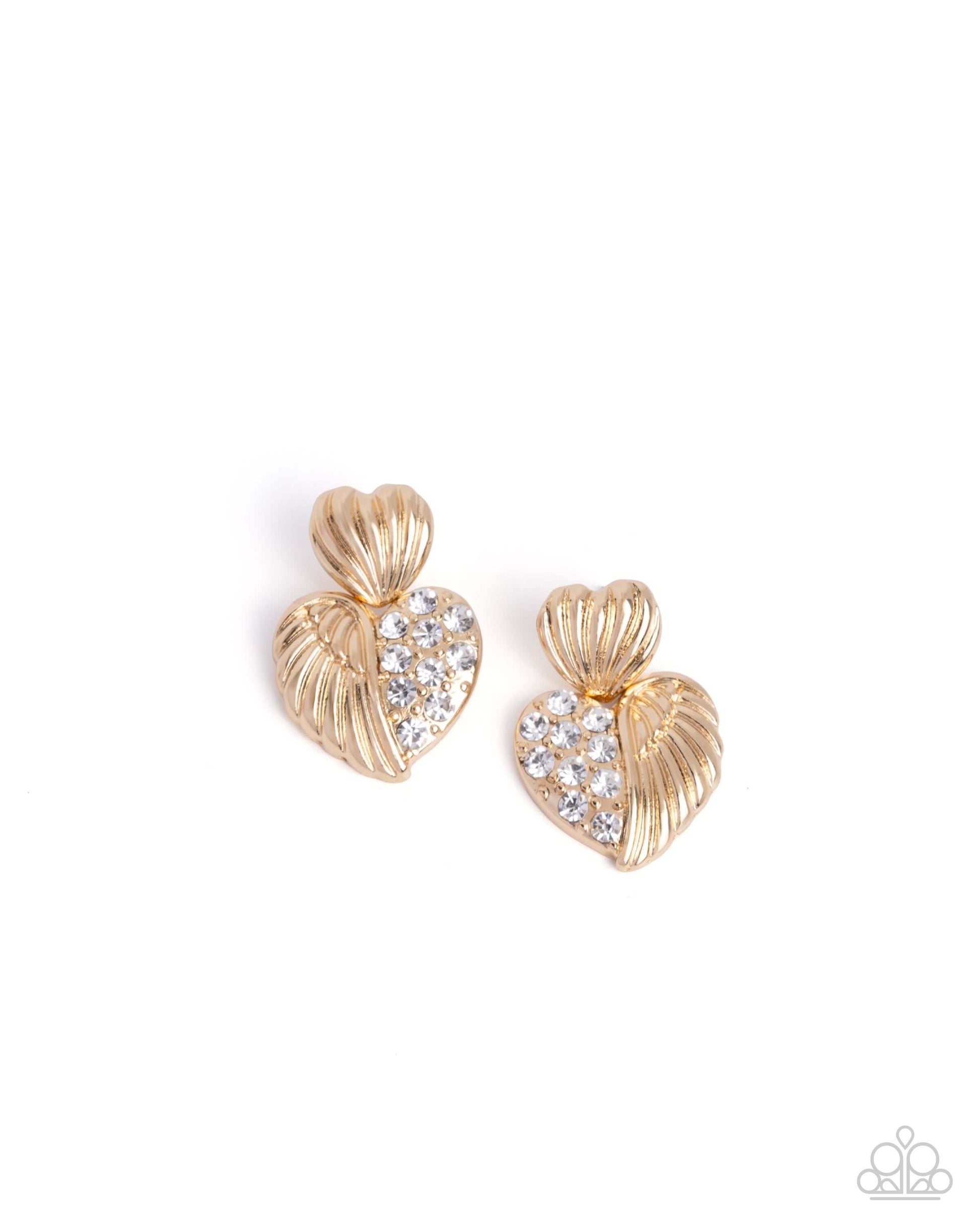 Angelic Adornment - Gold Paparazzi Earrings Accessories,Angel Wings,earrings,Gold,New Arrival,Post,White rhinestones