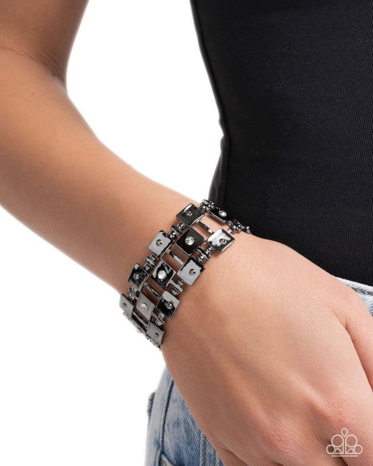 Puzzling Persistence - Black Paparazzi Bracelet Accessories,Black,Bracelet,Gunmetal,Stretchy,White rhinestones