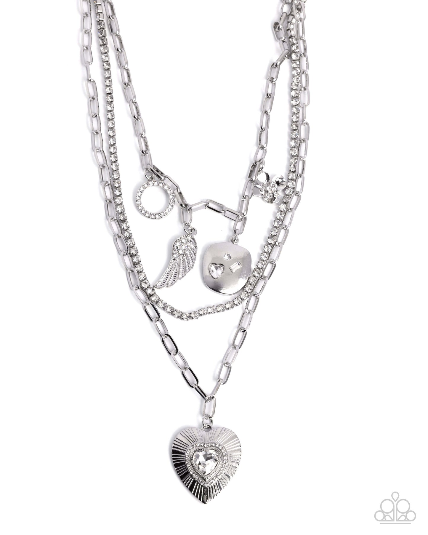 Angelic Ambition - White Paparazzi Heart Necklace Accessories,Angel Wings,Faith,Feathers,Hearts,Necklace,Short Necklace,Silver,White rhinestones